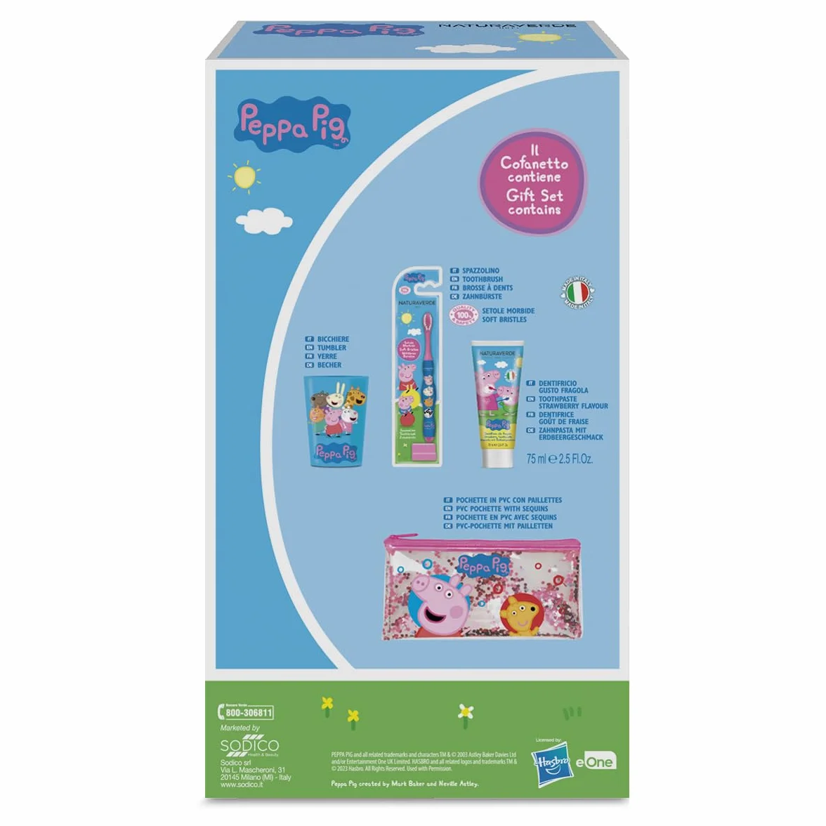 Naturaverde Peppa Pig Gift Set Oral Care ręczna szczoteczka do zębów pasta do zębów dla dzieci truskawka 75ml szklanka kopertówka brokatowa