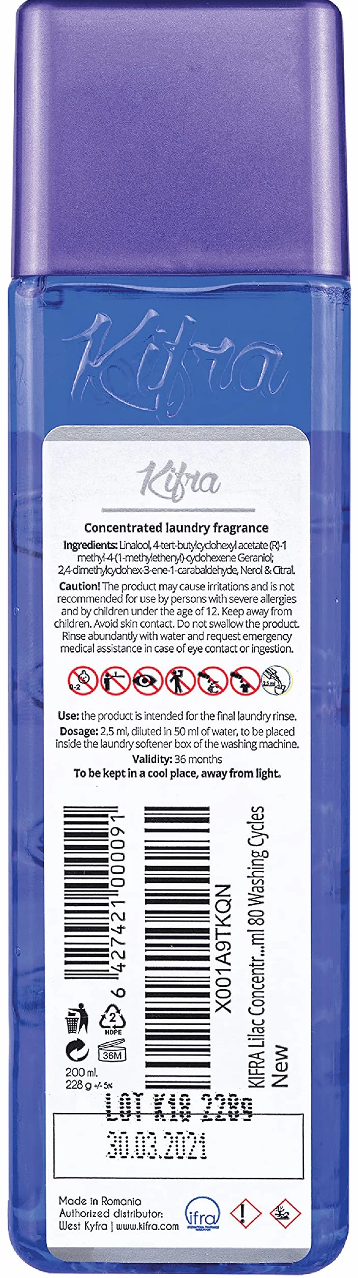 Kifra Lilac skoncentrowane perfumy do prania, 200 ml, 80 cykli prania, długotrwały zapach prania