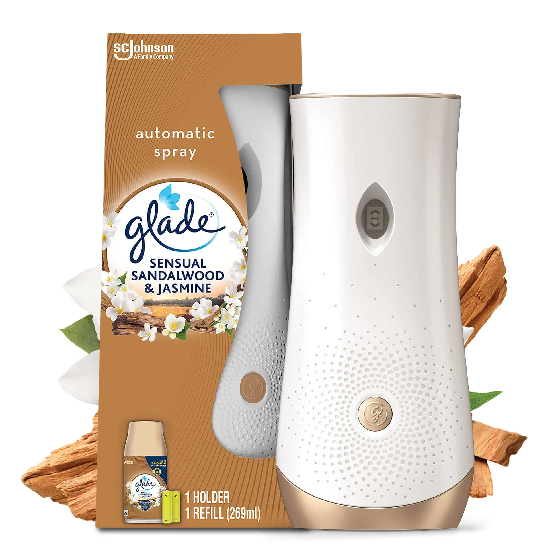 Glade Automatyczny odświeżacz powietrza w sprayu 269 ml drewno sandałowe i jaśmin zestaw startowy
