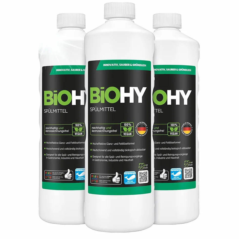 BiOHY Detergent do mycia naczyń (3 x butelka 1l) | Wolne od szkodliwych chemikaliów i biodegradowalne | Formuła nabłyszczająca i odtłuszczająca (Spülmittel)