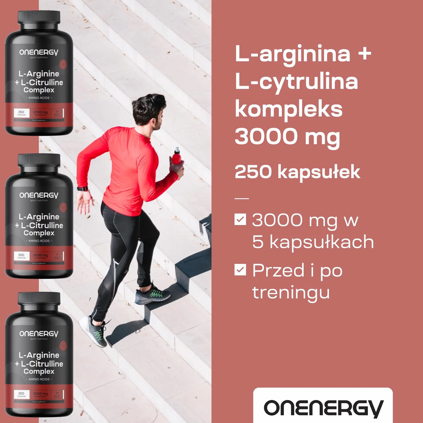 L-arginina + L-cytrulina kompleks 3000 mg OnEnergy 250 kapsułek aminokwasy energia regeneracja przed i po treningu