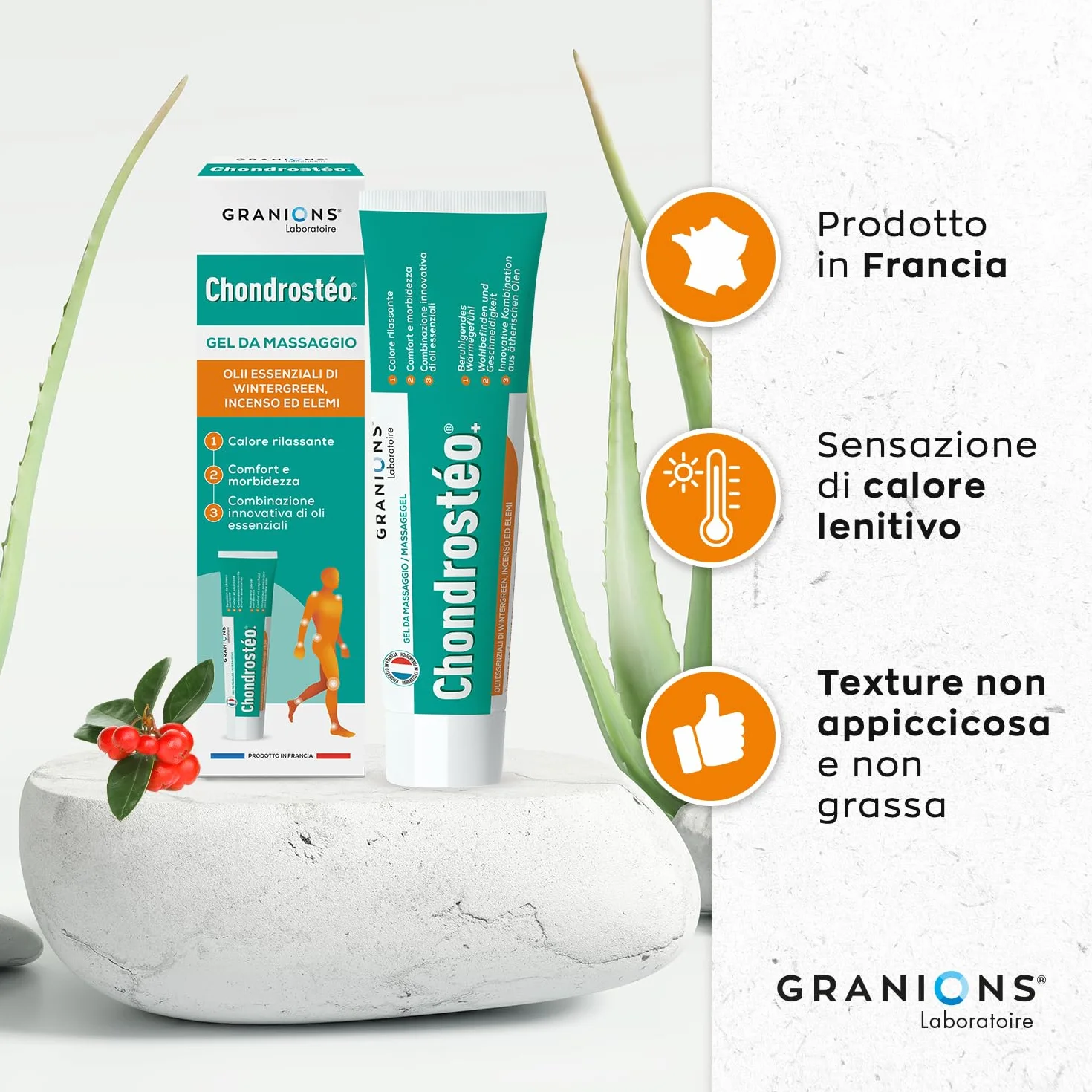 Granions Chondrostéo + podgrzewany żel do masażu - 100 ml - olejki eteryczne z waflowości, kadzidełków i elemii - Nietłusta i nieklejąca się konsystencja Testowana dermatologicznie laboratorium Granion