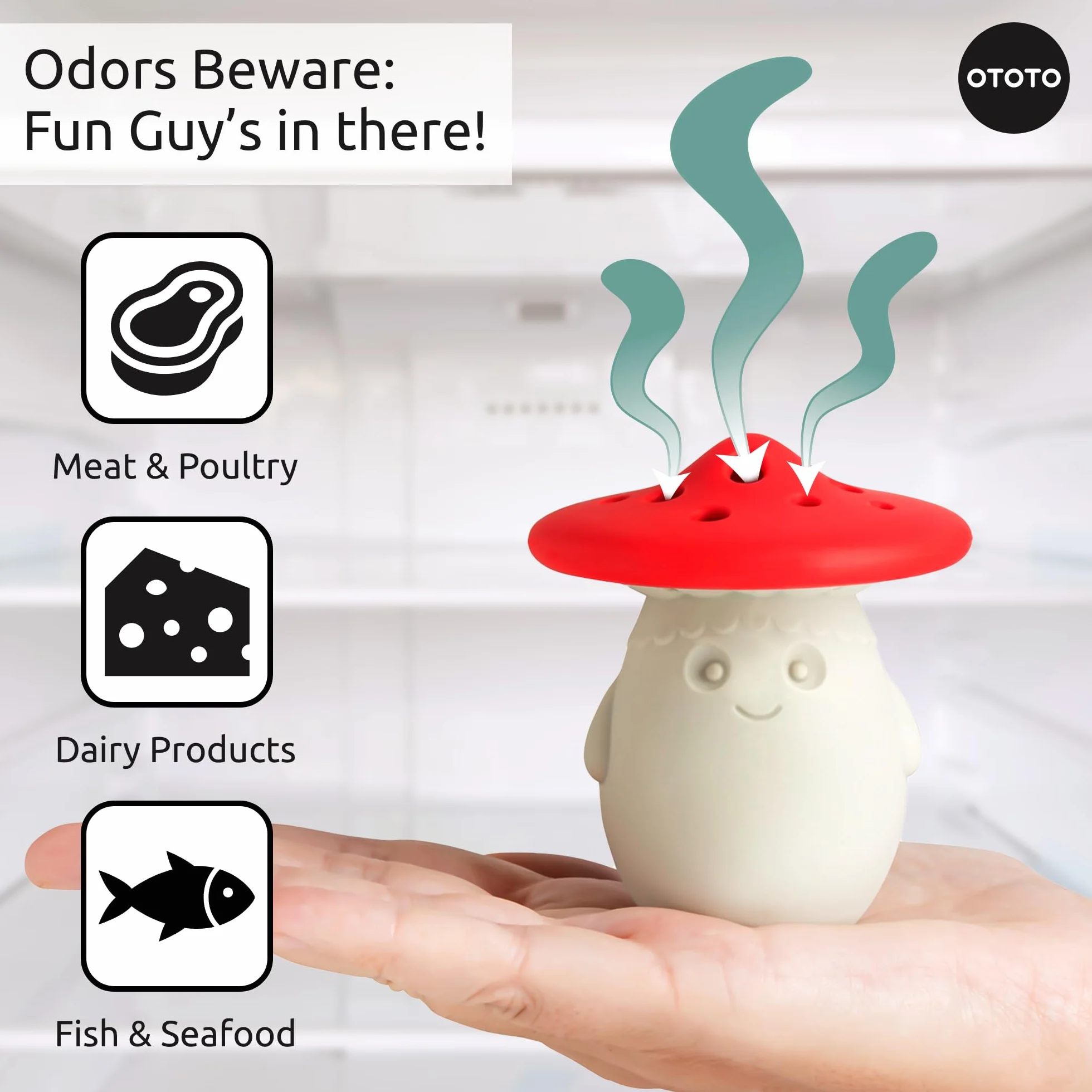 OTOTO Fun Guy Dezodorant do lodówki klasy spożywczej, nadaje się do mycia w zmywarce, wolny od BPA, 7 x 7 x 8,6 cm