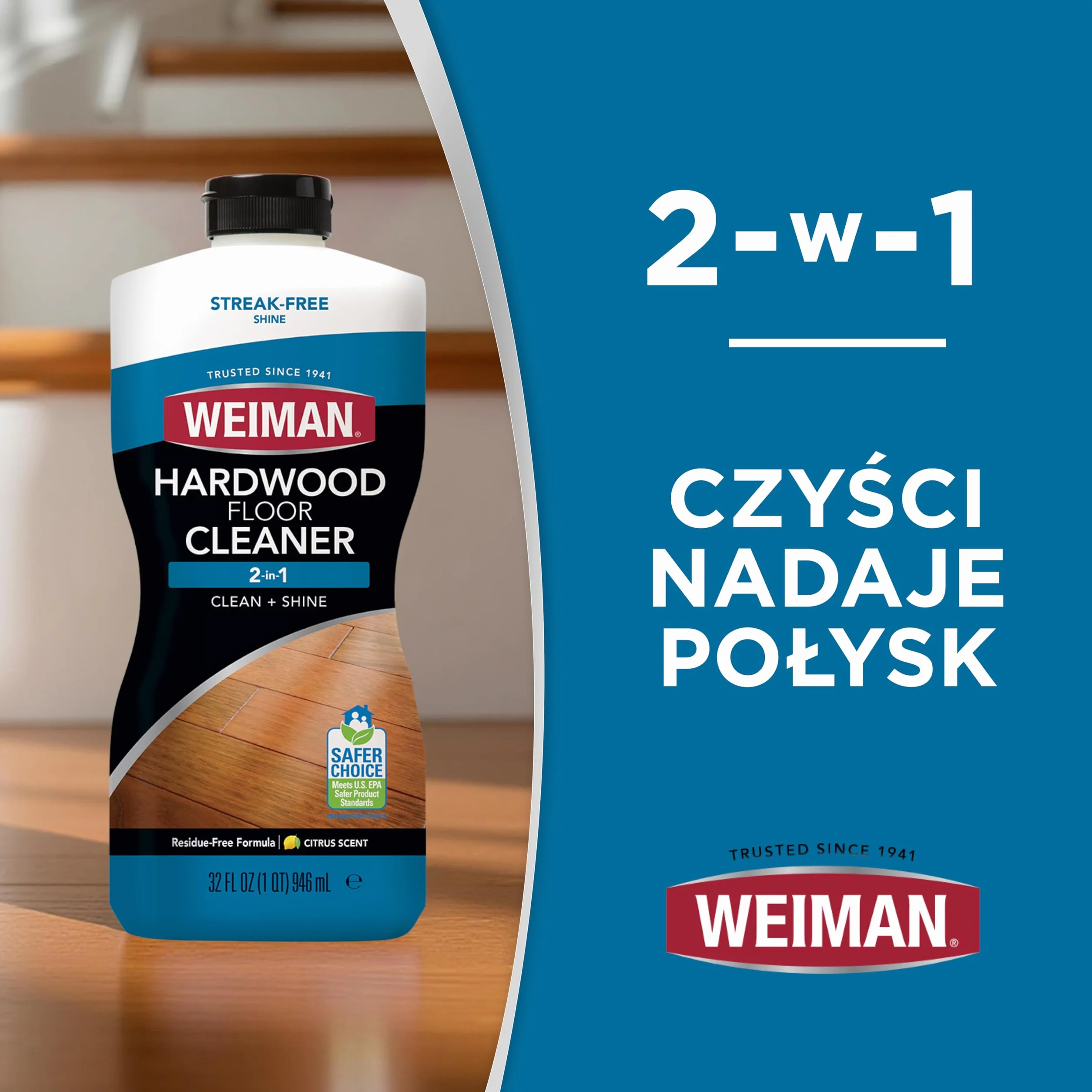 Weiman Zestaw do czyszczenia podłóg z twardego drewna i polerki, zestaw 2 szt. - Podłoga z twardego drewna o dużym natężeniu ruchu, naturalny połysk, usuwa zadrapania, pozostawia warstwę ochronną