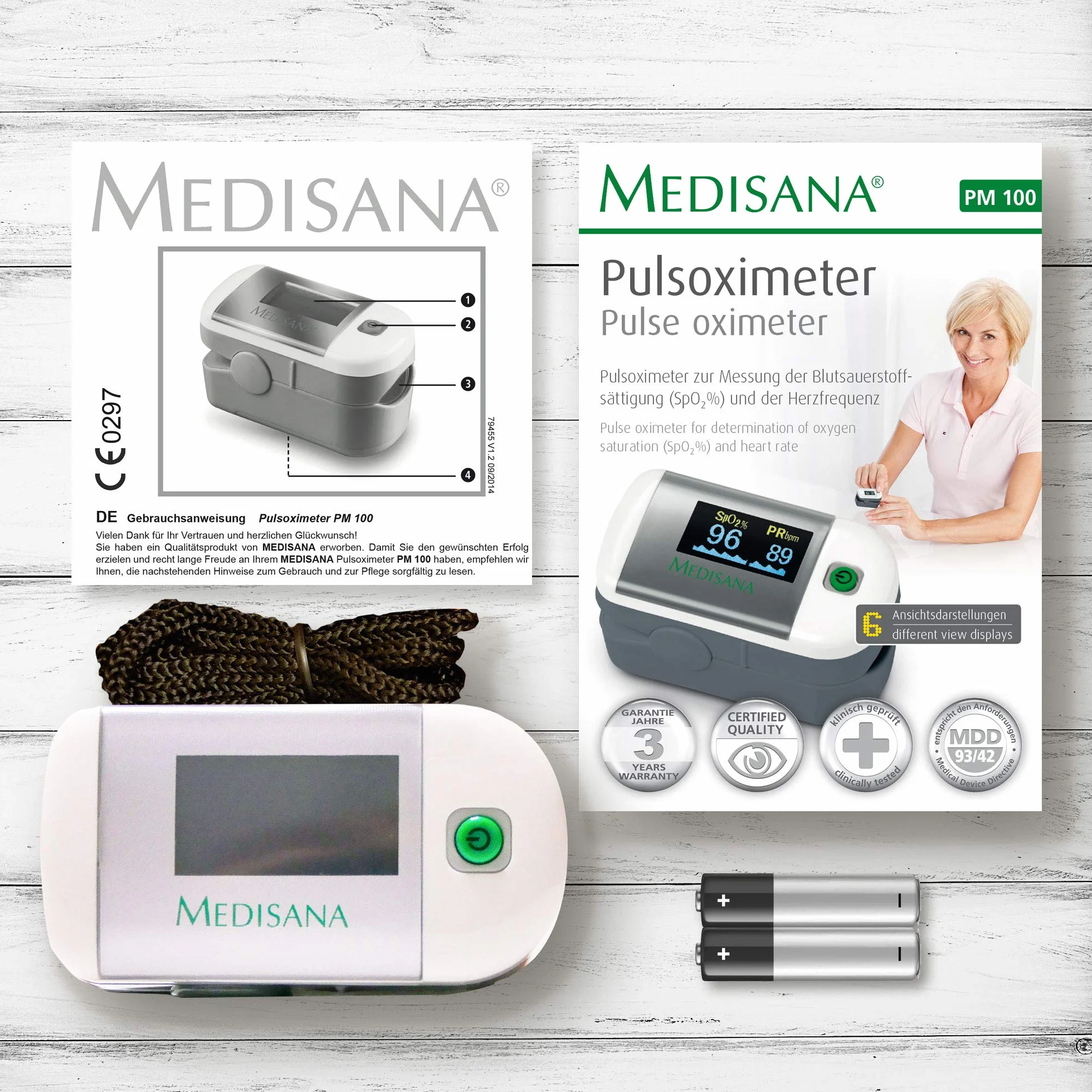 medisana PM 100 pulsoksymetr, pomiar nasycenia krwi tlenem, pulsoksymetr na palec z wyświetlaczem OLED i obsługą jednym przyciskiem