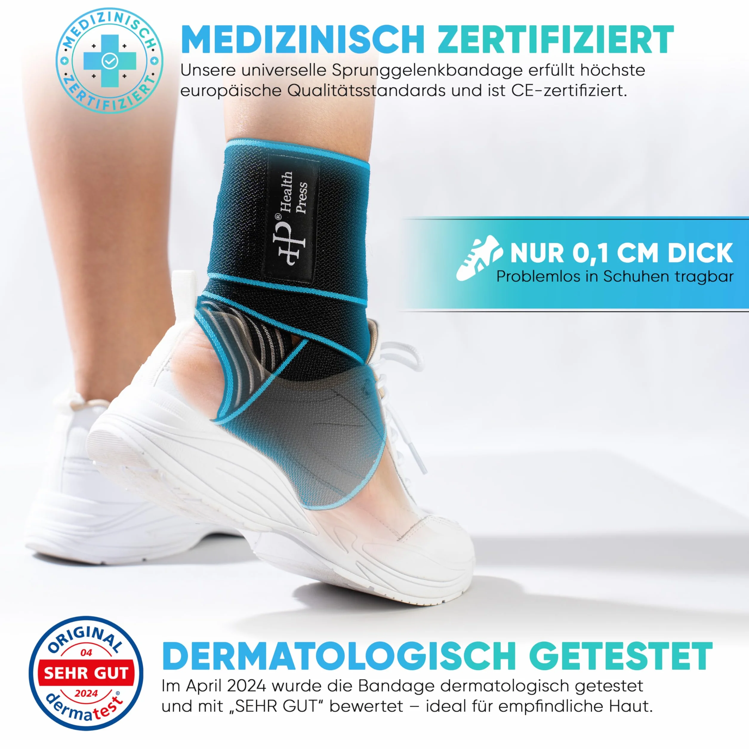 Health Press Uniwersalny bandaż na staw skokowy – 1 x bandaż na kostkę – do zwiększenia stabilizacji i odciążenia stawu skokowego – bandaż podpierający staw skokowy – regulowany bandaż na stopę