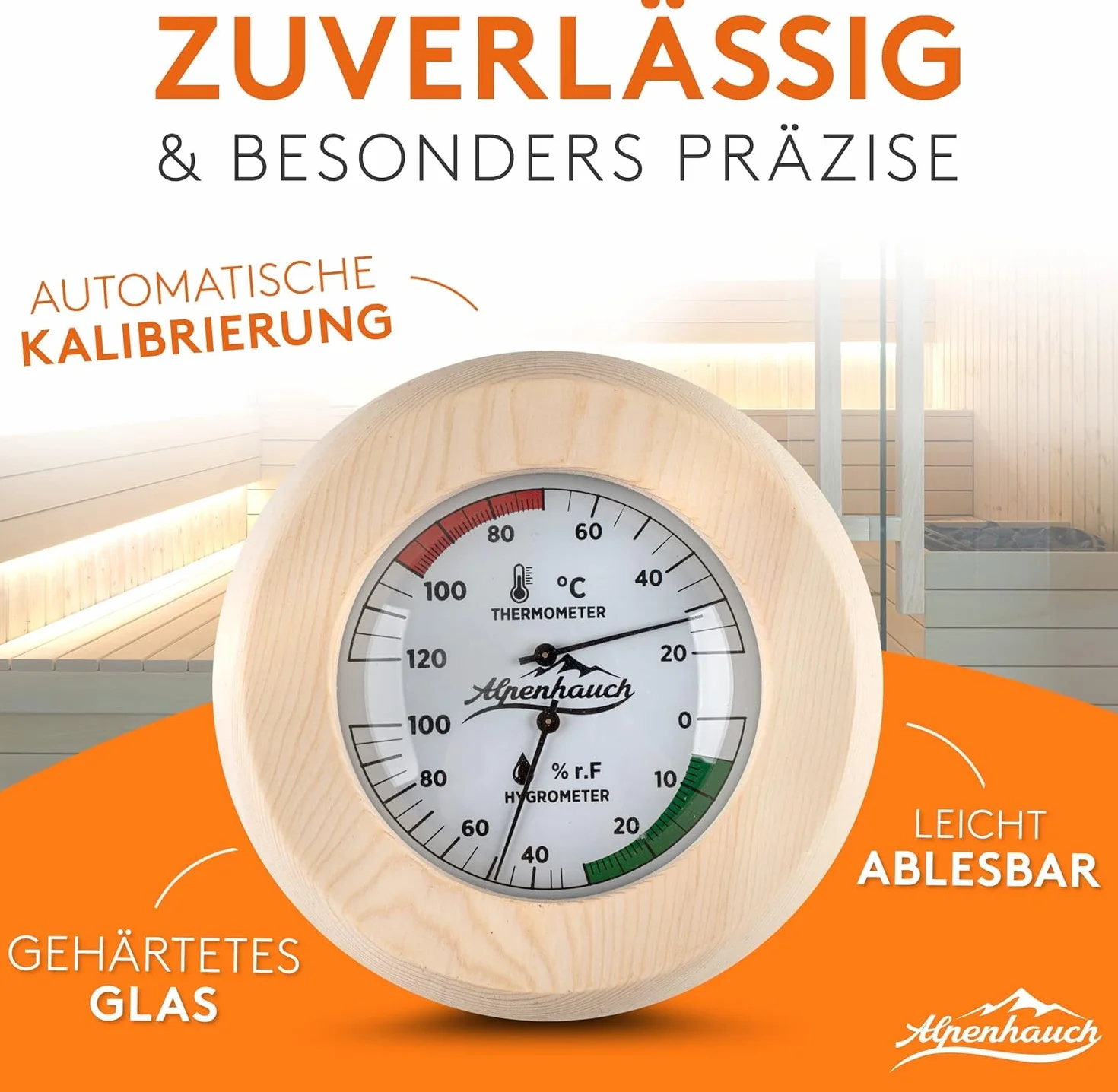 ALPENHAUCH Termometr do sauny, higrometr z drewna, funkcja 2 w 1, wyjątkowo precyzyjny termometr do sauny z hartowanego szkła, automatyczna kalibracja, eleganckie akcesoria do sauny, higrometr