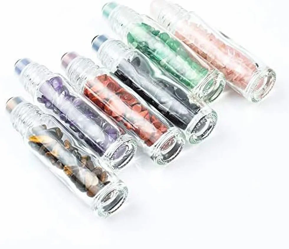 Butelki z kamieniami szlachetnymi 10 ml, próbki z zatyczkami bambusowymi, kryształowe wiórki do olejków eterycznych, aromaterapii
