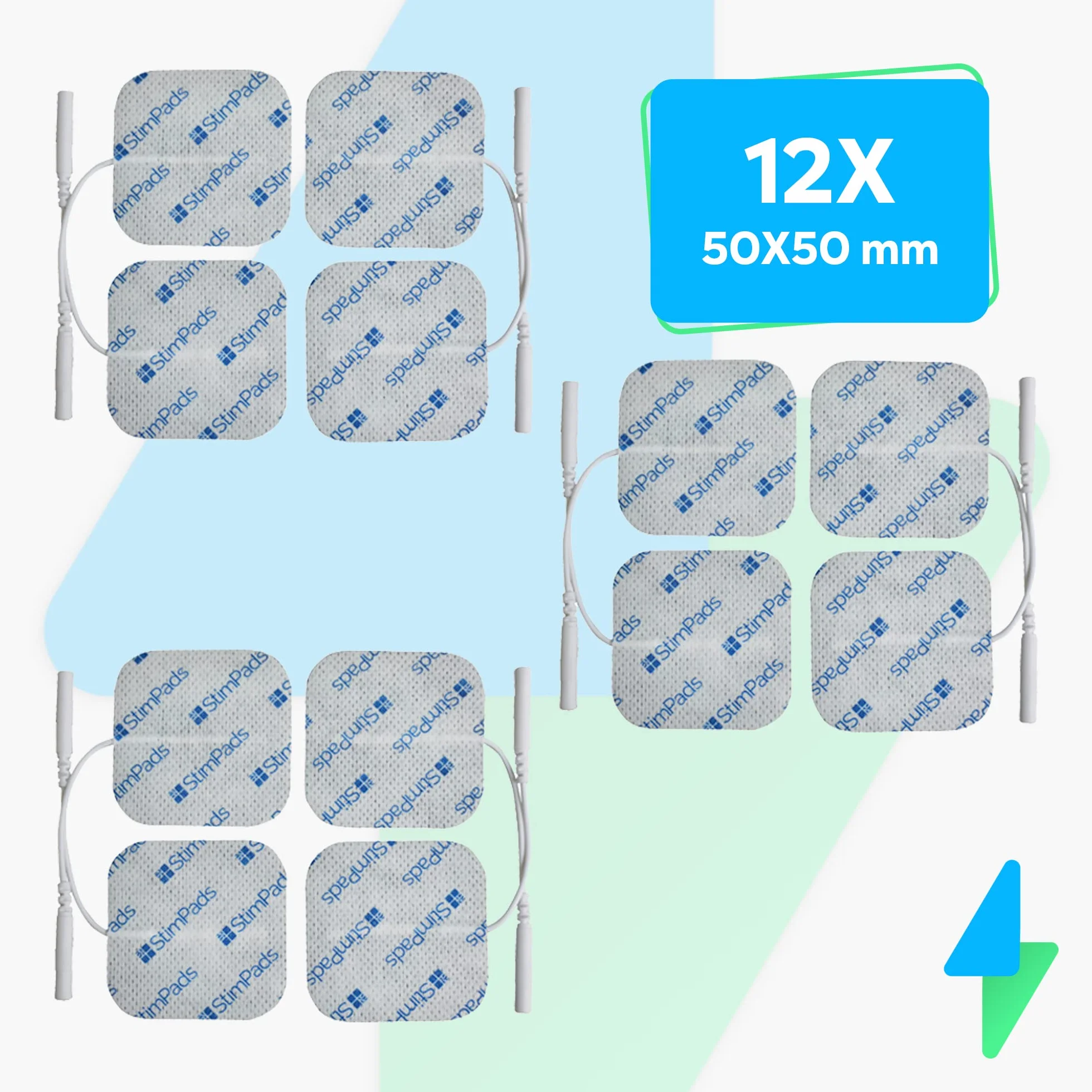 Elektrody TENS i EMS • 12 sztuk 50 x 50 mm elektrody z uniwersalnym przyłączem wtykowym 2 mm • Niezawodne i wysokiej jakości elektrody samoprzylepne • Certyfikowany produkt medyczny