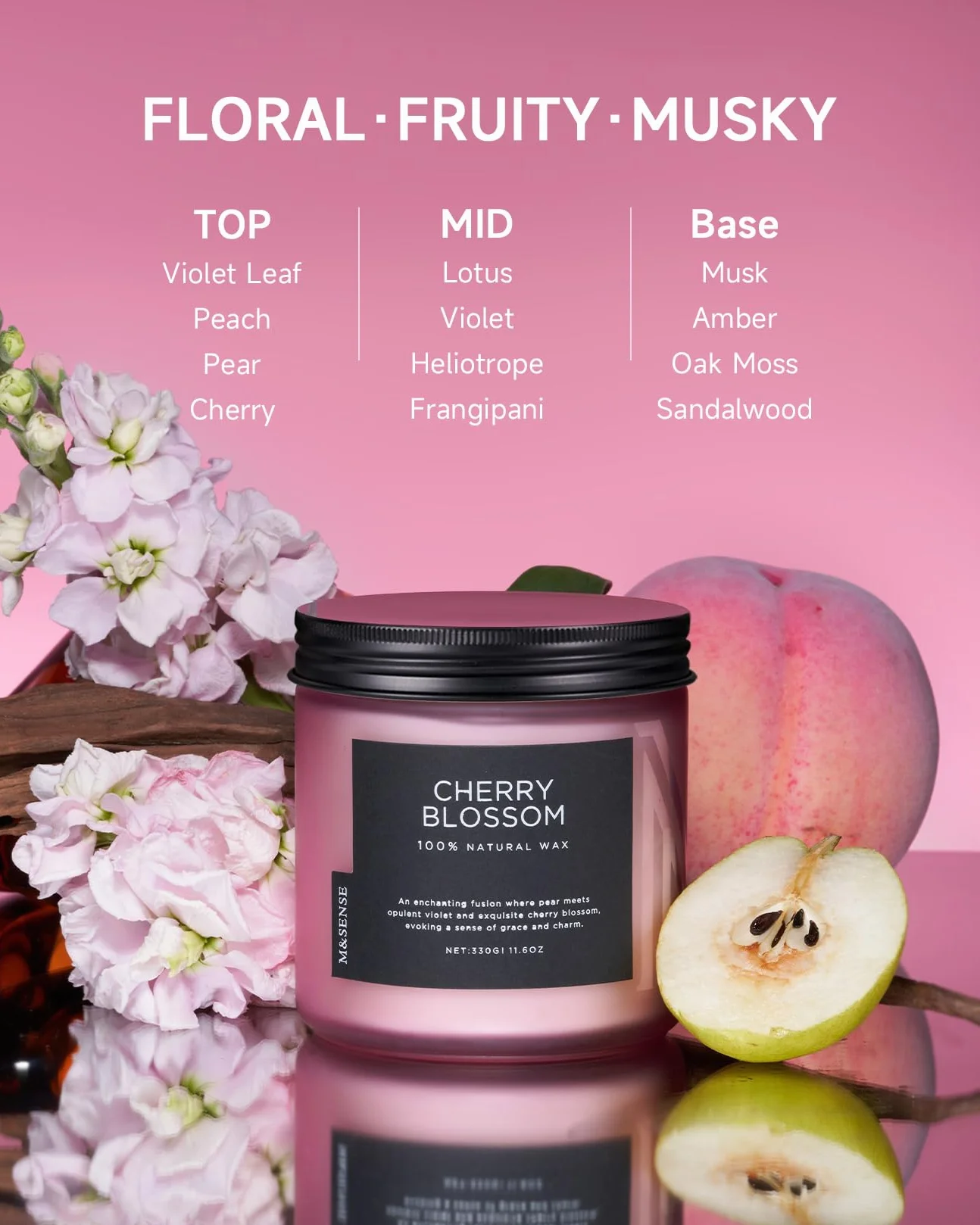 M&SENSE Świeca zapachowa w słoiku, 330 g, naturalny wosk, czas palenia 70 godzin, świeca do aromaterapii do relaksu, prezent i dekoracja domu, kwiat wiśni