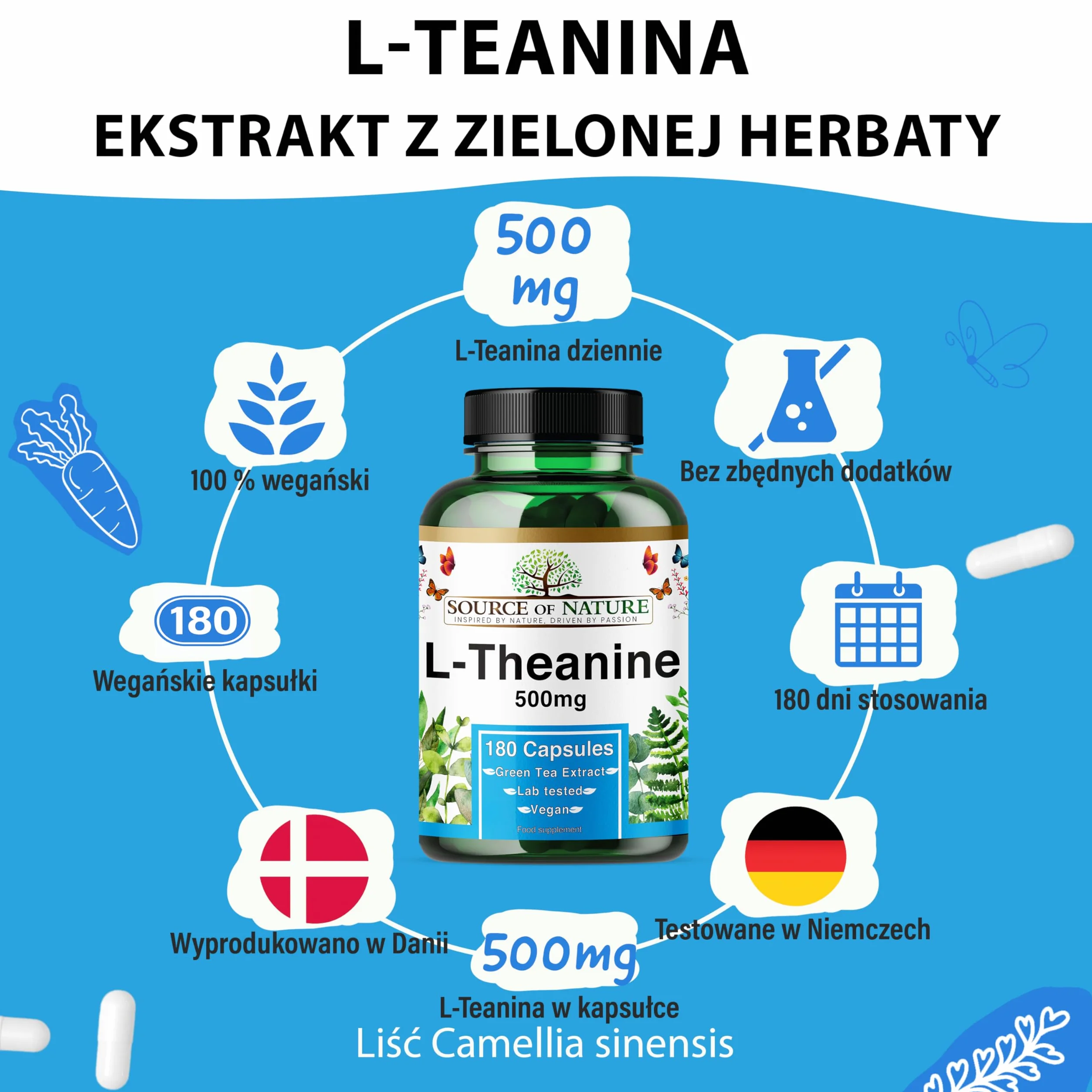 L-Teanina 500 mg 180 Wegańskich Kapsułek Wysoka Dawka Aminokwasu z Zielonej Herbaty 98% Czystości Bez Dodatków