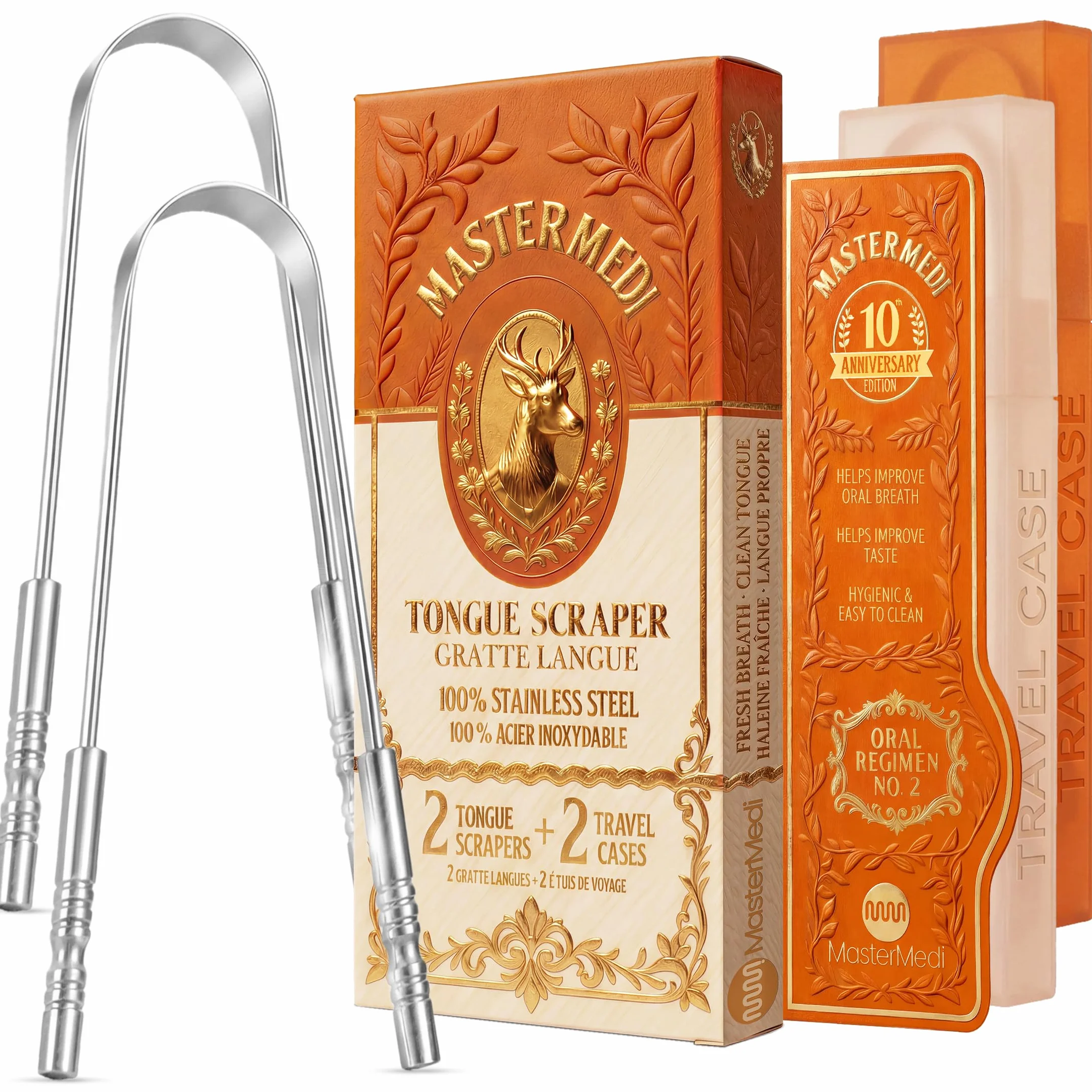 MasterMedi Skrobaczka do języka z etui do podróży (2 sztuki), skrobaczka do języka do leczenia nieświeżego oddechu dla dorosłych, medyczna klasa 100% stal nierdzewna do higieny jamy ustnej, łatwa w