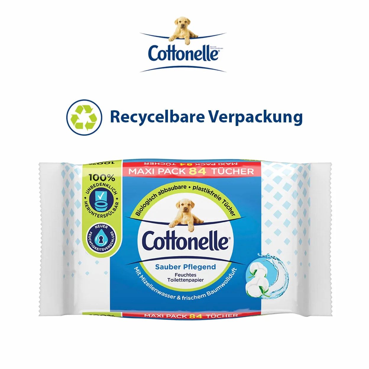 Cottonelle Wilgotny papier toaletowy, czysty, pielęgnacyjny, woda micelarna i zapach bawełny, opakowanie maksimum, 6 x 84 ściereczki toaletowe