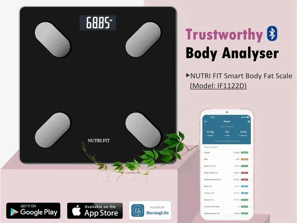 NUTRI FIT Inteligentna waga osobowa z pomiarem BMI, tkanki tłuszczowej, masy mięśniowej, 150kg, 26x26cm - Czarny