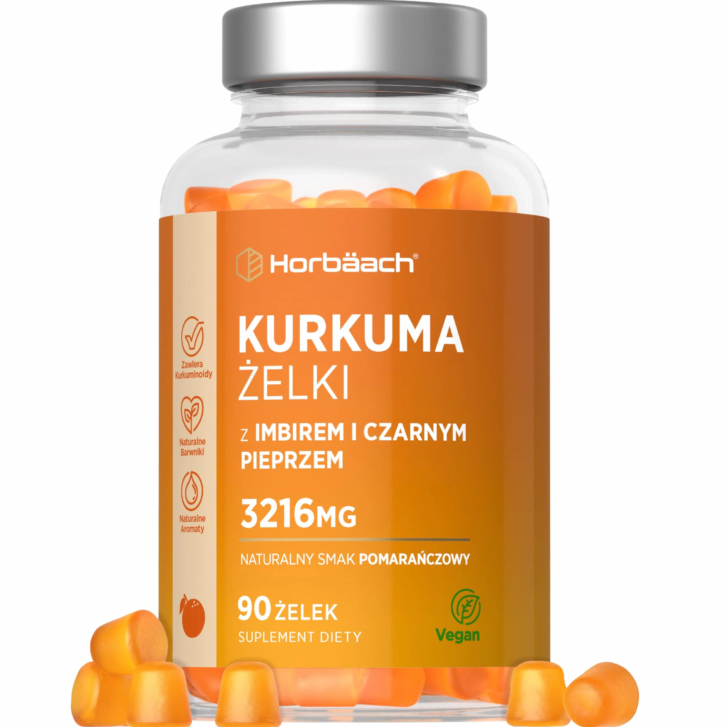 Kurkuma z Imbirem i Pipeprzem Żelki 3216mg | Pyszny Naturalny Smak Pomarańczy | Suplement z Kurkuminą o Wysokiej Mocy | 60 Wegańskich Żelków | marki Horbaach