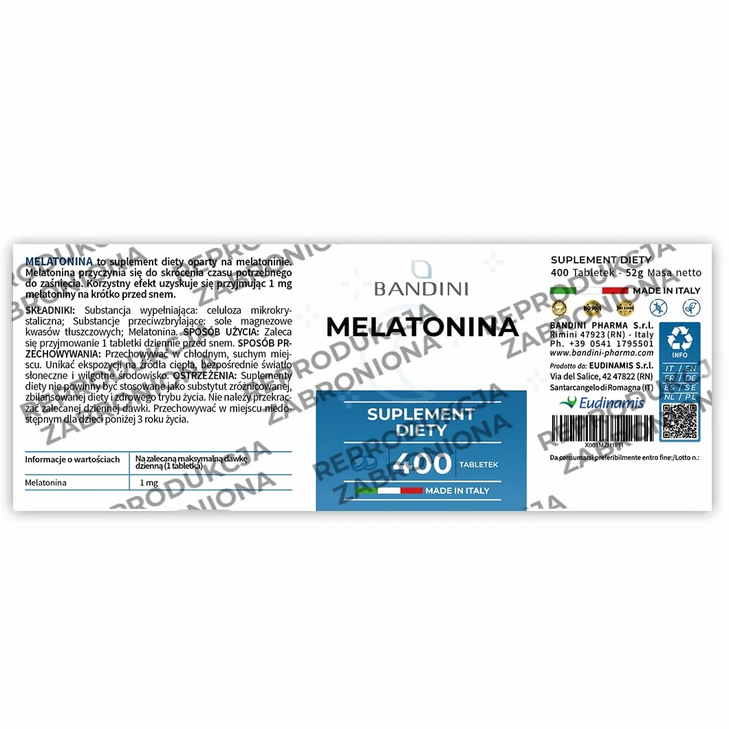 Bandini Pure Melatonin 400 wegańskich tabletek 1 mg Suplement na sen Łatwy do połknięcia