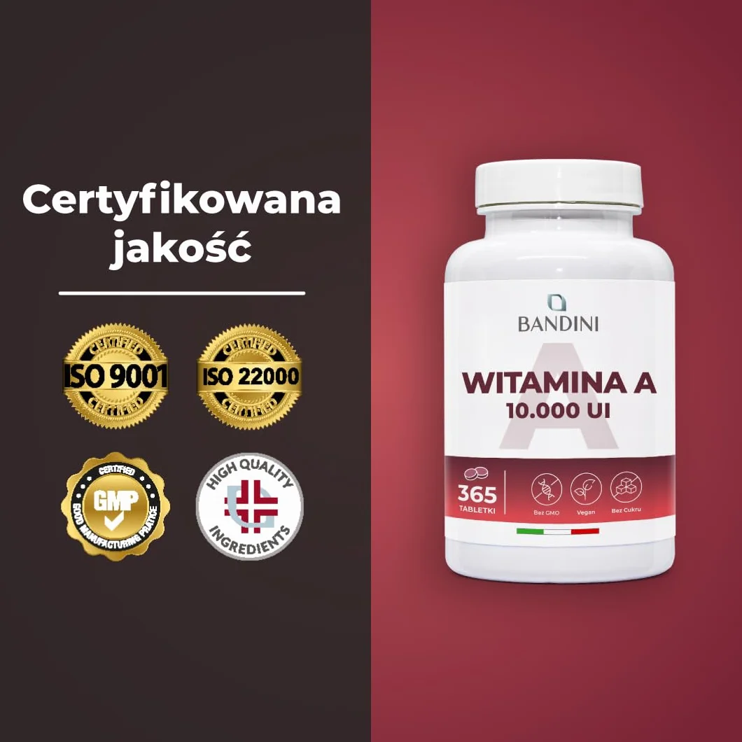 Bandini® Czysta Witamina A 10000 IU, 365 wegańskich tabletek (1+ rok), Pomaga utrzymać prawidłową skórę i wzrok, Octan retinylu, Alternatywa dla kropli i kapsułek witaminy A, Bez sztucznych dodatków