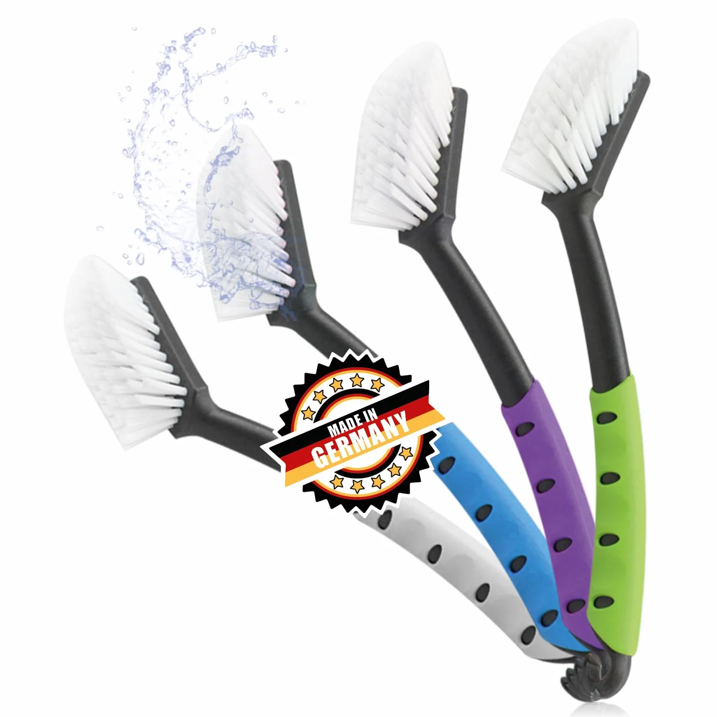 COM-FOUR® 4x Przyrząd do mycia naczyń – kuchenne narzędzie z wytrzymałym włosiem nylonowym – akcesorium do naczyń o długości 29 cm - "MADE IN GERMANY" (4 sztuki - zielony/bialy/blekitny/jagodowy)