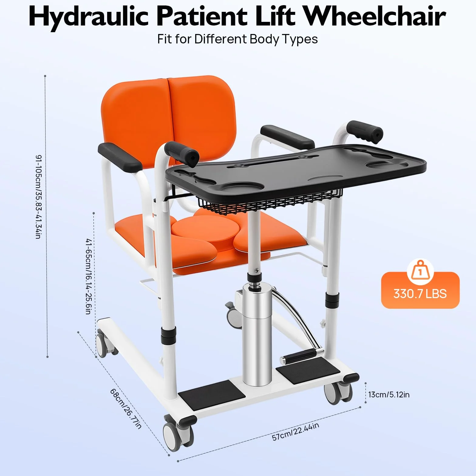 Hydrauliczny podnośnik dla pacjentów 57 x 68 x 91-105 cm przenośny pomarańczowy biały