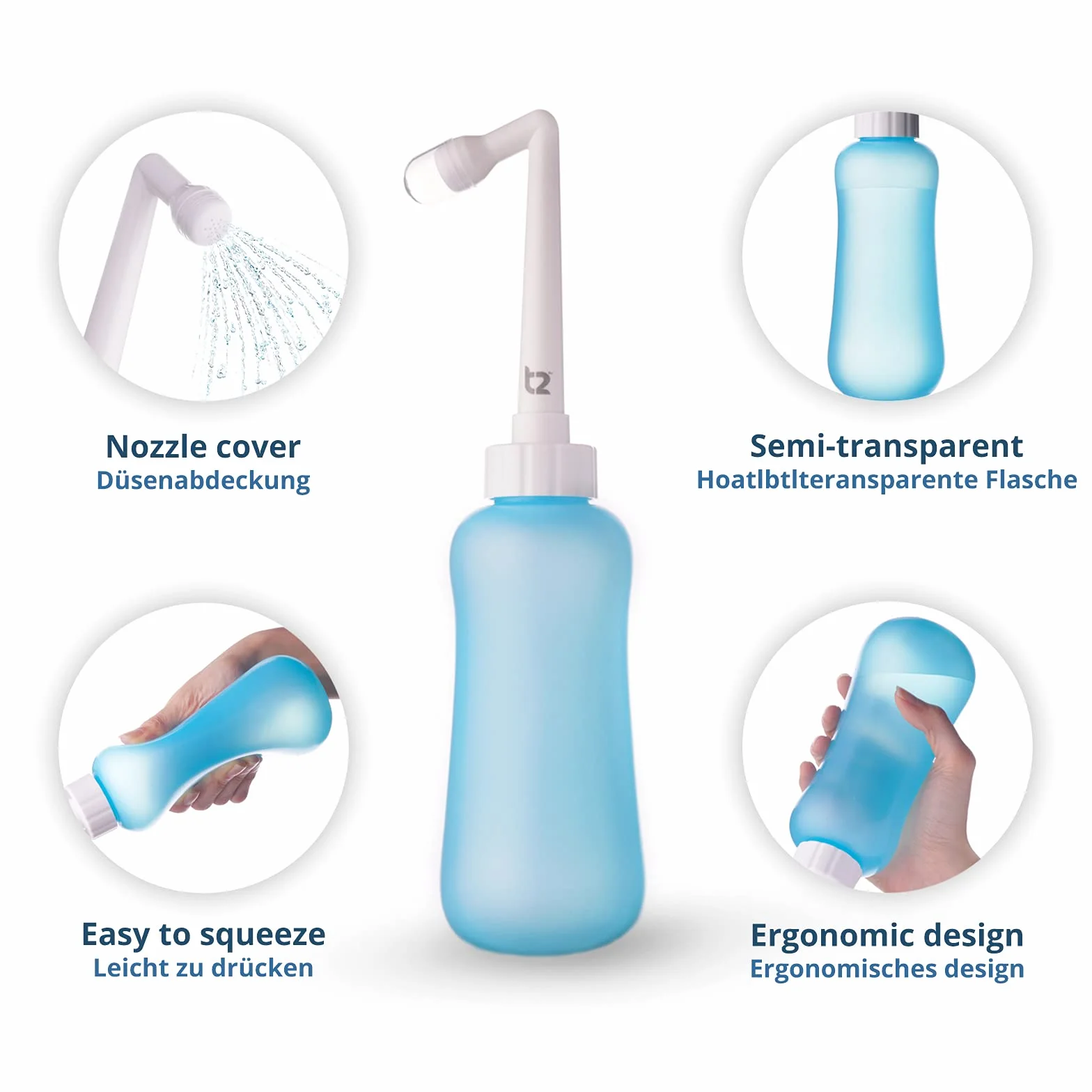 T2 Butelka na krocze - przenośny bidet do pielęgnacji poporodowej, ulga w bólu, plastikowa butelka 450 ml z dyszą 60° i zmywalną torbą do przechowywania, torba szpitalna, niezbędna dla mamy, prezent