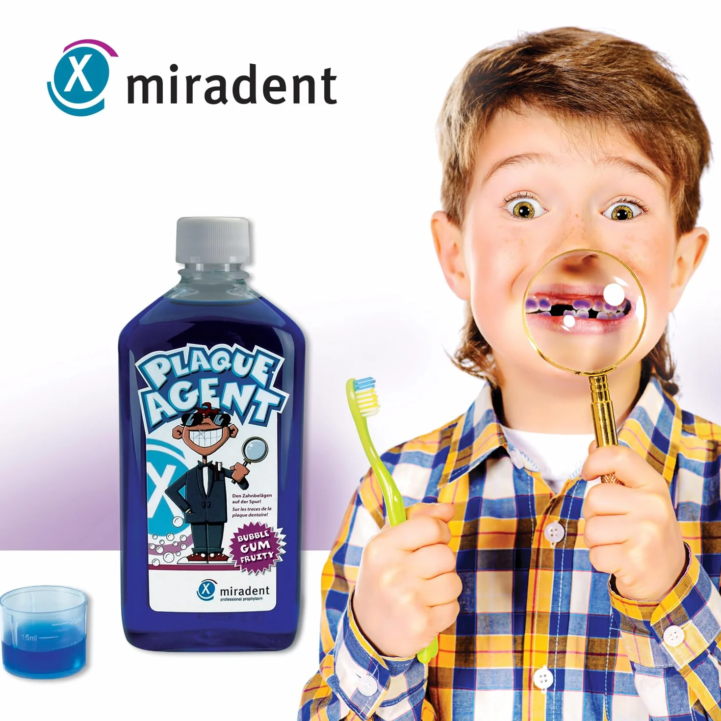 miradent Plaque Agent® roztwór do mycia zębów 500 ml | do kontroli płytki nazębnej dla dzieci | o przyjemnym smaku "Bubble Gum" | gotowy do użycia wraz z nasadką dozującą | bez erytrozyny | bez alkoholu