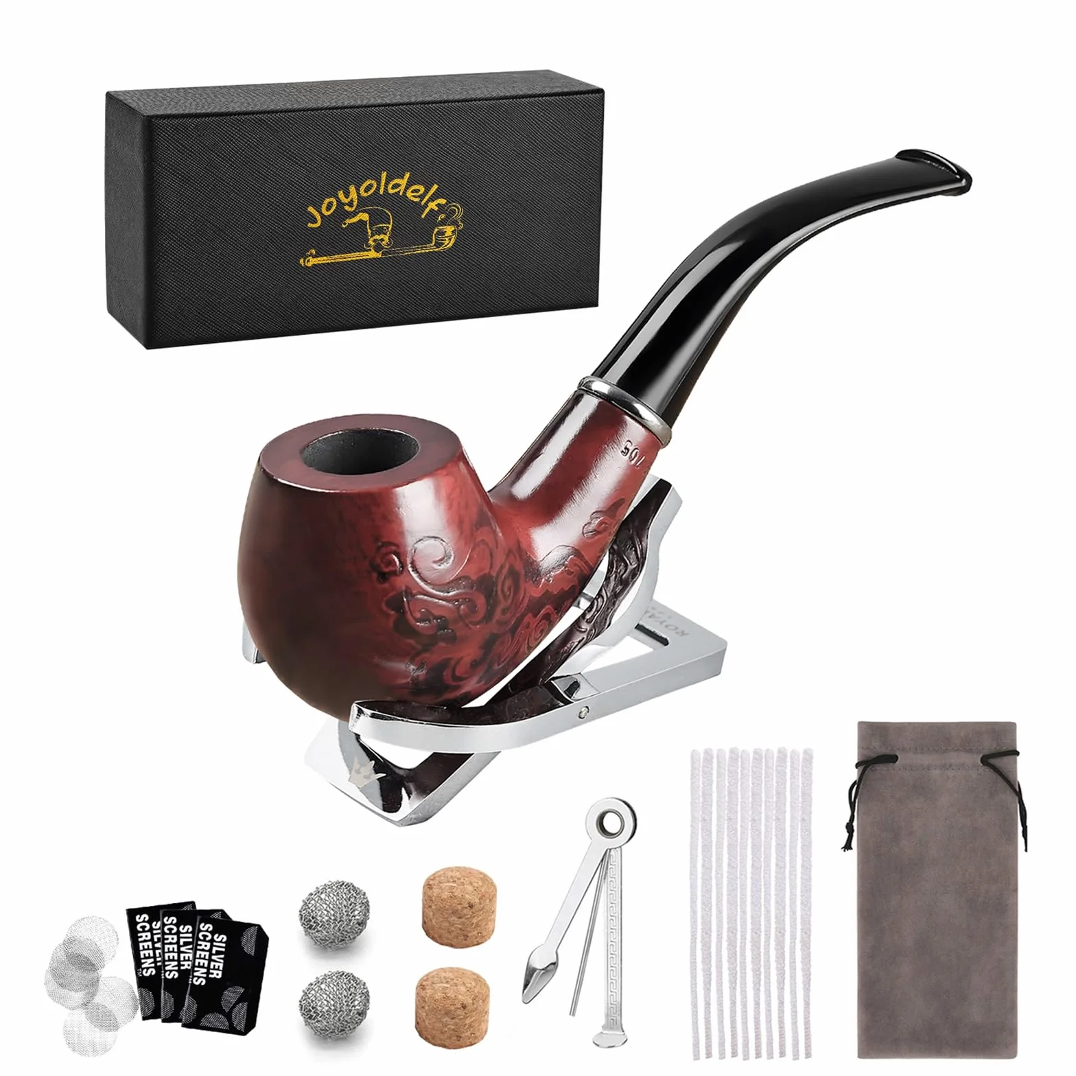 Joyoldelf Drewniana fajka do palenia tytoniu ze skrobakiem do rur 3 w 1 + 2 kołatki do korka + 10 środków do czyszczenia rur + 2 metalowe siatki wymywające perkolator + 3 opakowania po 5 ekranów do