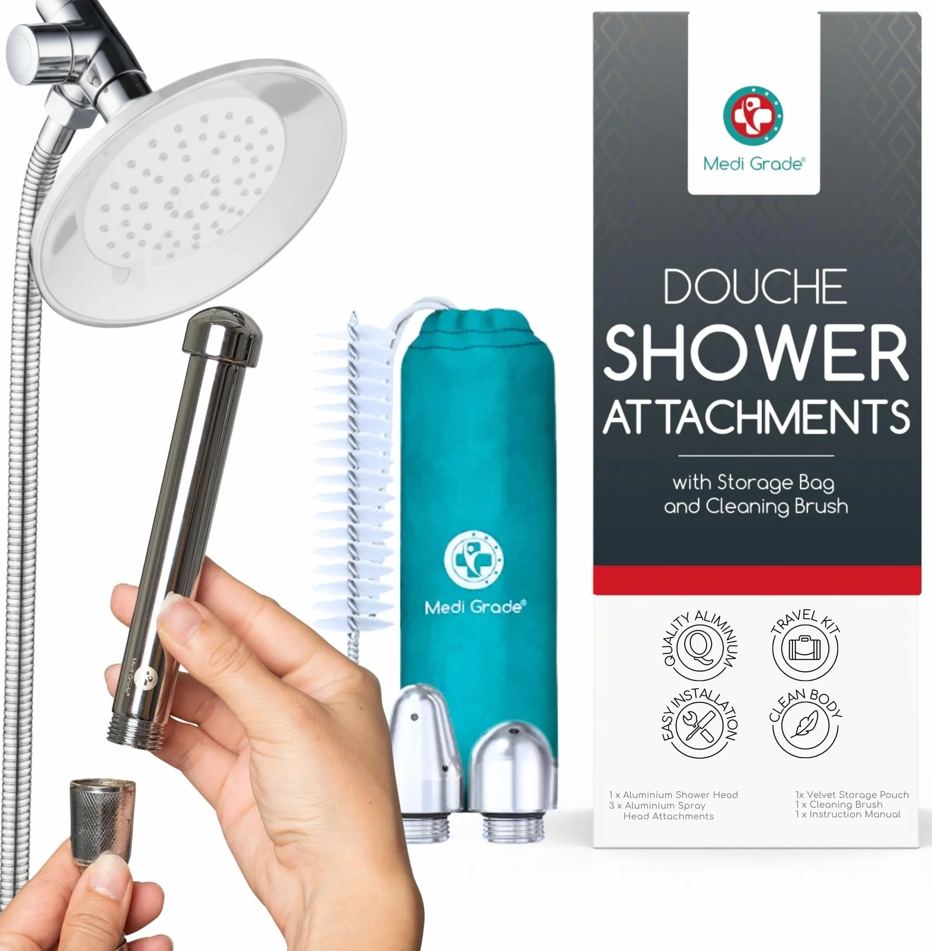 Zestaw do Lewatywy i Obmywania pod Prysznic [8szt] Aluminium do Higieny Intymnej Medi Grade - Nasadka do Prysznica do Lewatywy Unisex - Z Aksamitną Torebką do Przechowywania, Szczoteczką i Ściereczką