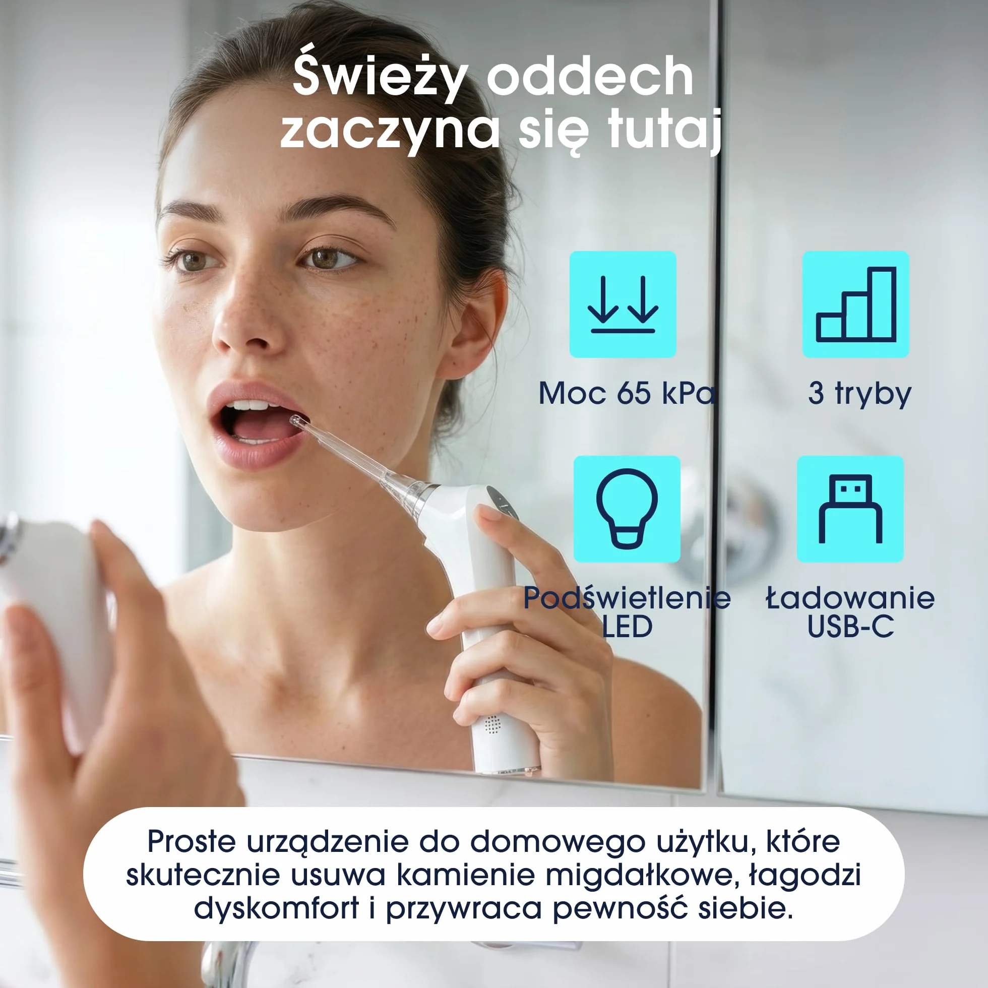 ZENT TonsilCare Urządzenie do usuwania czopków kamieni migdałkowych, Czyszczenie śluzu z gardła, Bezprzewodowe, 3 Poziomy mocy, 3 Silikonowe końcówki, Podświetlenie LED, Ciche działanie