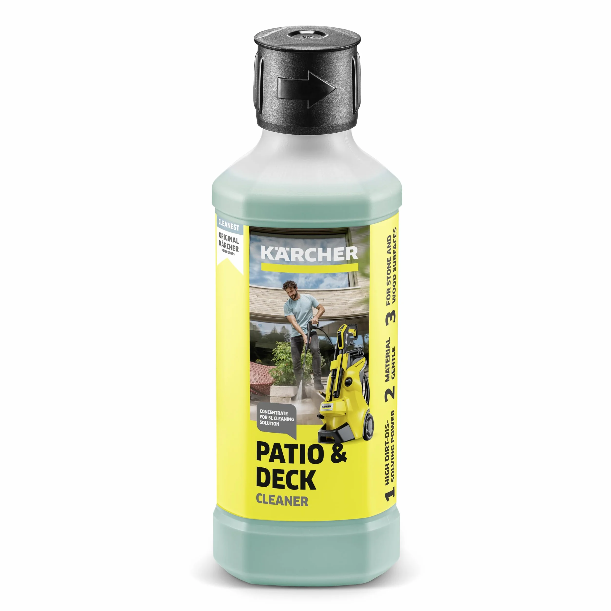 Kärcher środek czyszczący Patio & Deck, do czyszczenia balkonów i tarasów z drewna i kamienia, z 500ml koncentratu uzyskuje się 5l płynu czyszczącego.