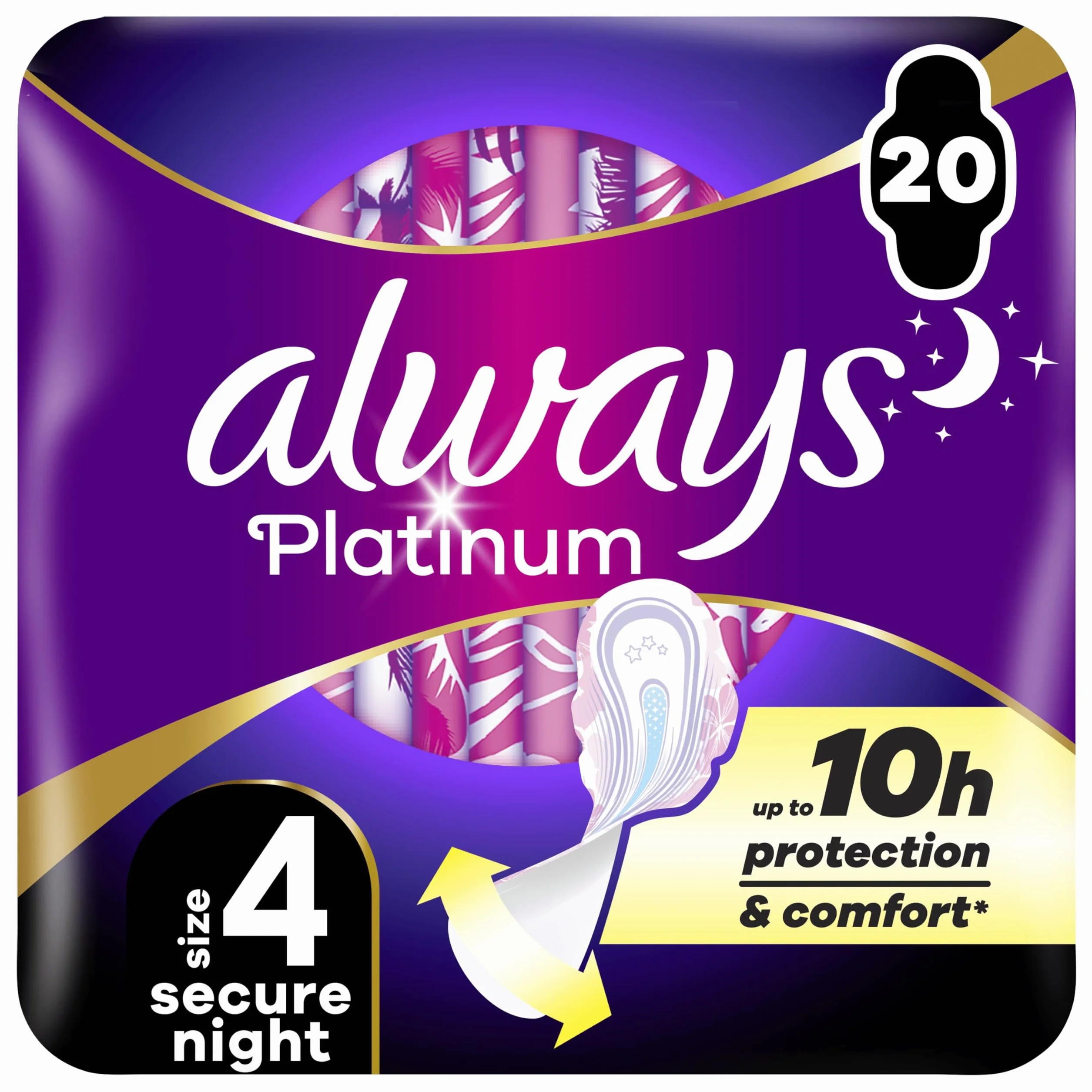 Always Platinum podpaski Secure Night (rozmiar 4) 20 sztuk, superchłonne i ultracienkie do stosowania podczas menstruacji