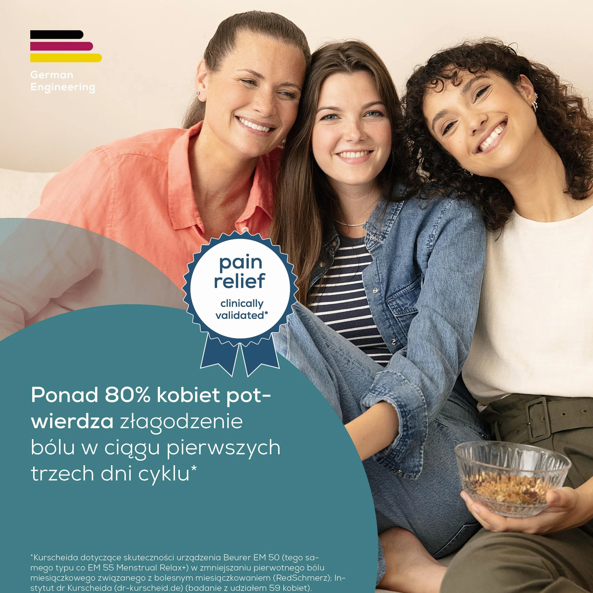 Beurer EM 55 Menstrual Relax+, przeciw bólowi menstruacyjnemu i bólowi spowodowanemu endometriozą, funkcja TENS i ciepła, z akumulatorem, większa powierzchnia grzewcza, turkusowy