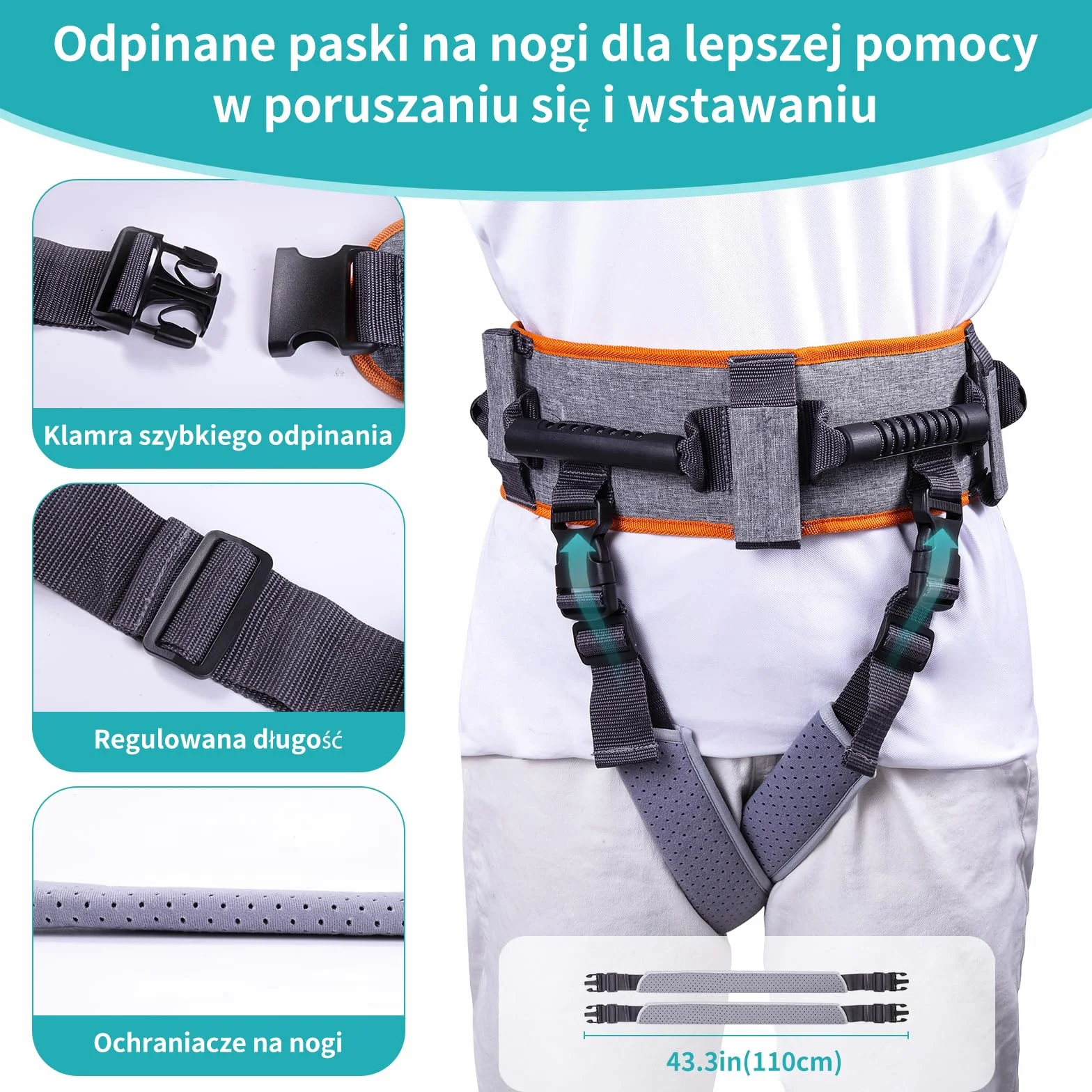ENLUNTRA Pas transferowy z 7 uchwytami, pomoc do przenoszenia łóżka, wózka inwalidzkiego, pomoc przy podnoszeniu ograniczonej mobilności (1 sztuka,Szary mandarynkowy)