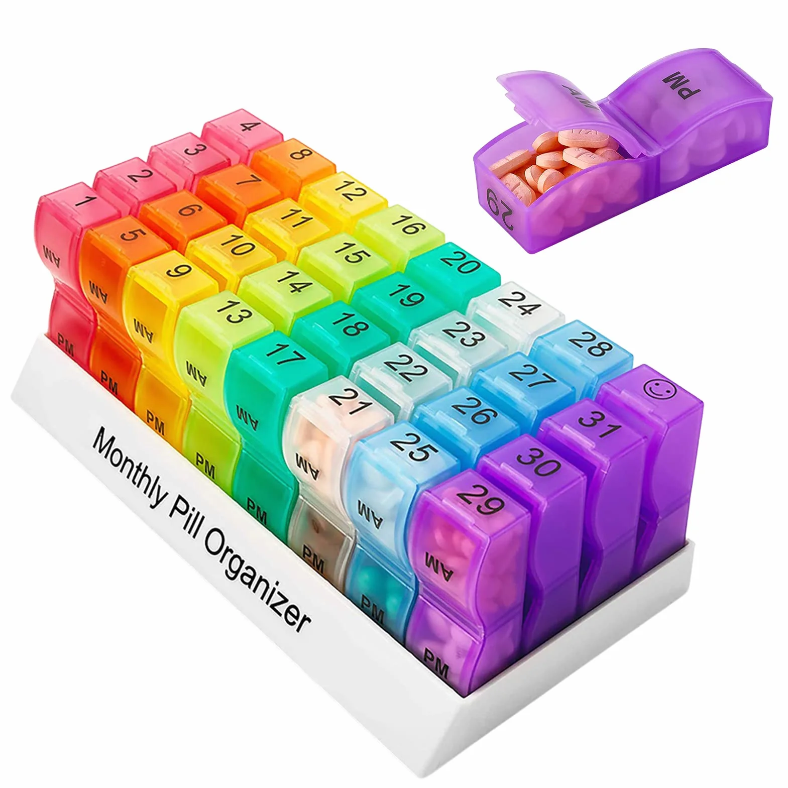 Miesięczny organizer na tabletki, organizer na leki, 31-dniowy organizer na pigułki 2 razy dziennie, etui na tabletki jeden miesiąc rano, podróżne 4-tygodniowe pudełko na tabletki, przenośny