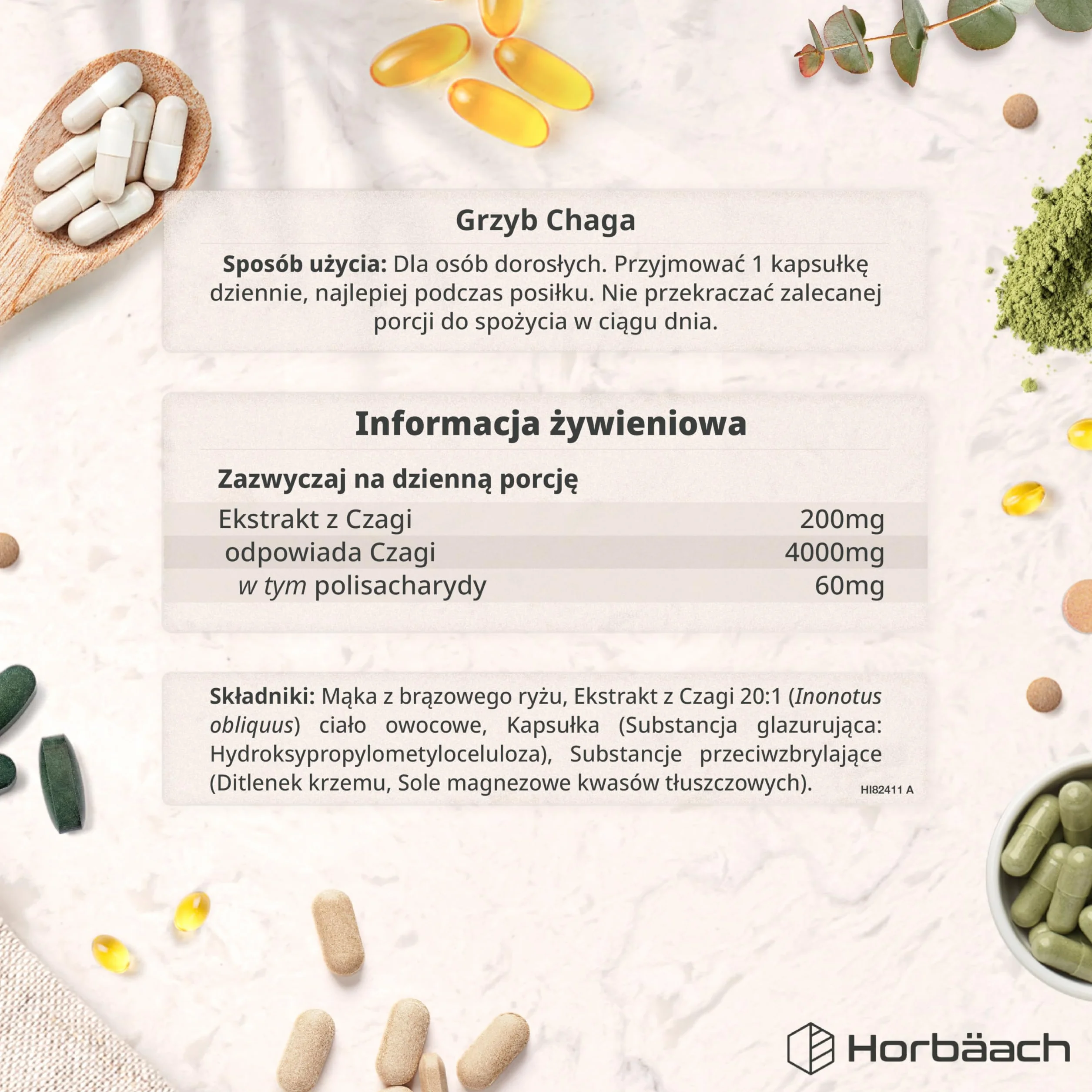 Chaga Grzyb Kapsułki 4000mg | Błyskoporek Podkorowy lub Chaga (Inonotus obliquus) | Naturalnego Pochodzenia | 90 Wegańskich Kapsułek | marki Horbaach