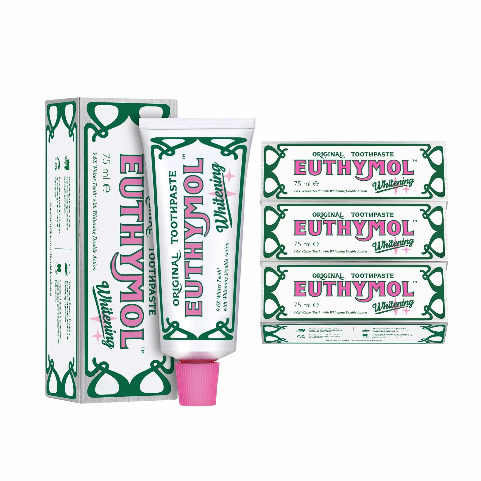 Euthymol Whitening Pasta do zębów 75 ml x 3, bez GMO, bezglutenowa, witamina E, antybakteryjna pasta do zębów, biała, czysta, zdrowa pielęgnacja, odświeża pielęgnację zębów