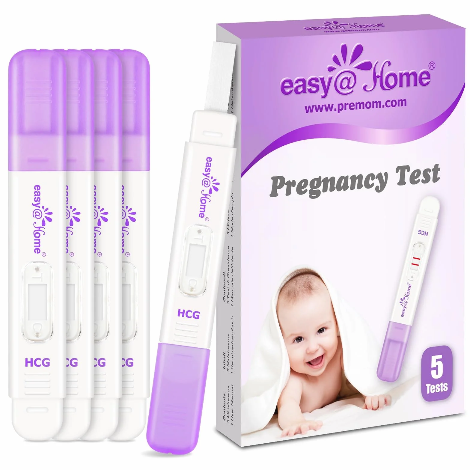 Easy@Home Wczesne testy ciążowe: 5 niezawodnych testów HCG do wykrywania wrażliwej ciąży, dokładny wynik 10 mIU/ml zapisany w aplikacji PREMOM