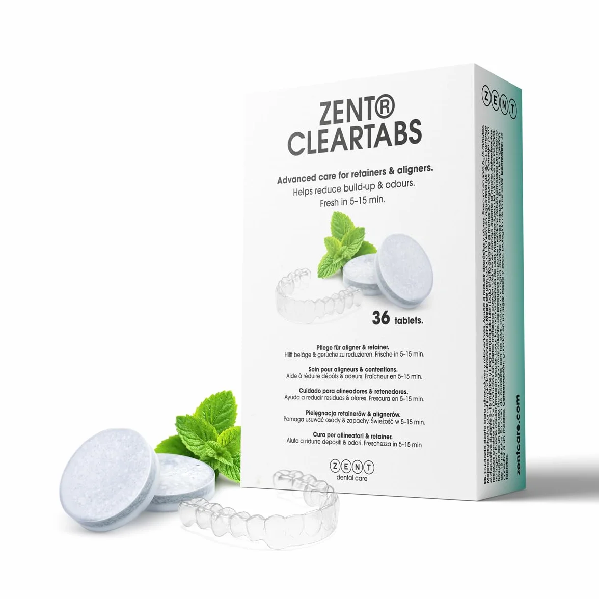ZENT ClearTabs Tabletki do czyszczenia i odświeżania alignerów, retainerów i protez - Świetne do myjek ultradźwiękowych - Odświeżający aromat mięty - Pakowane indywidualnie, 36 sztuk