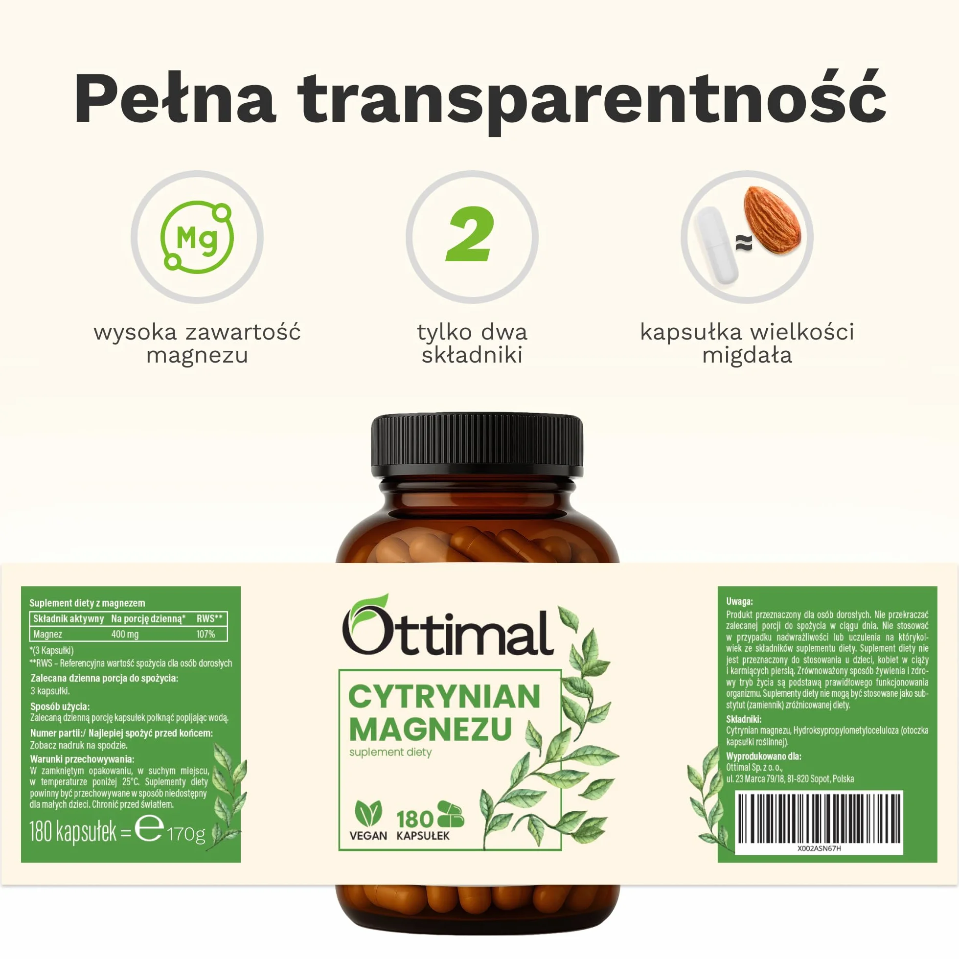 (107% RWS) Cytrynian Magnezu 400 mg - 180 wegańskich kapsułek bez dodatków (przebadany laboratoryjnie) - wysoka dawka 2400 mg w tym 400 mg magnezu elementarnego - zapas na 2 miesiące