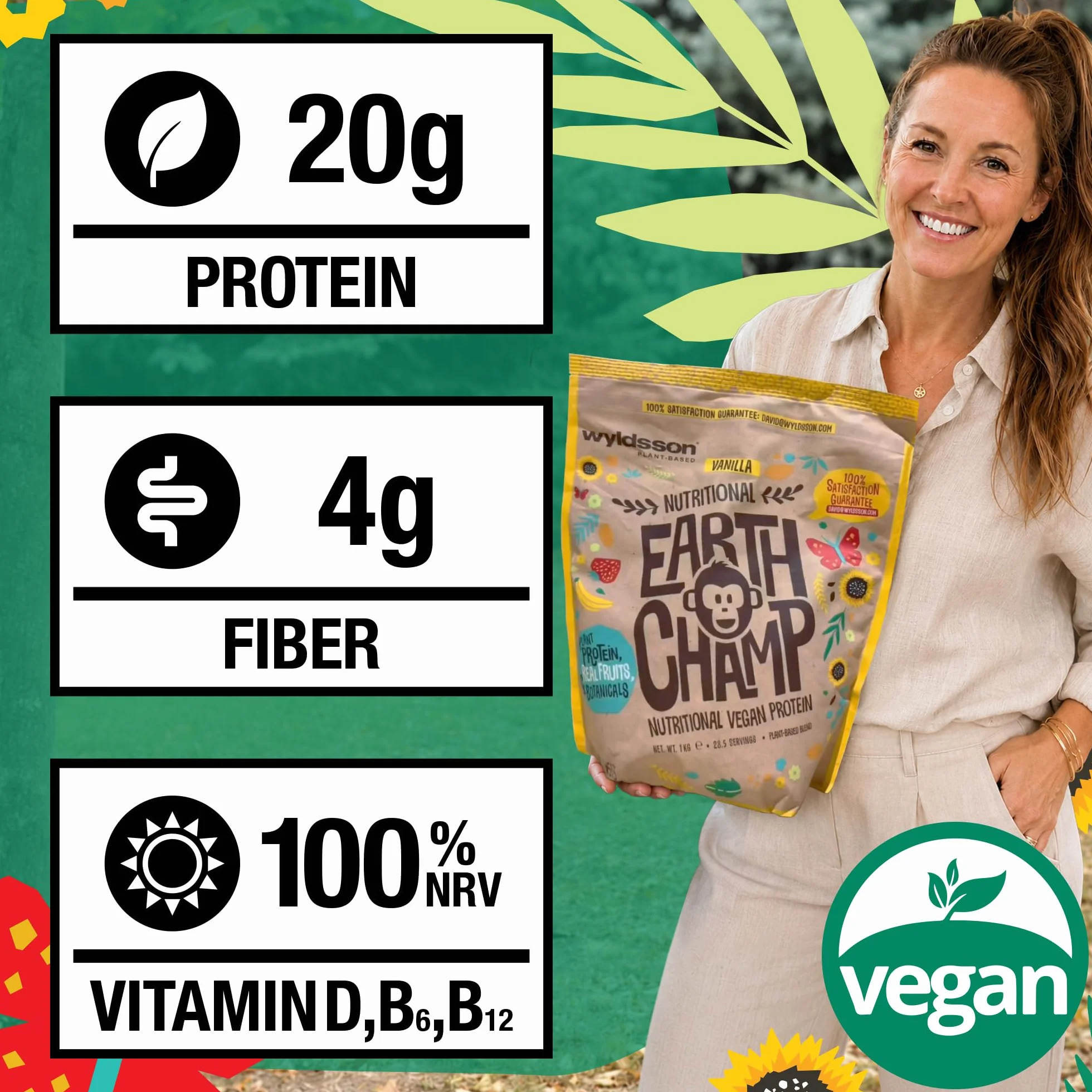 Wegański proszek białkowy (1 kg) - 28 porcji - EarthChamp by Wyldsson - Waniliowy shake proteinowy na bazie roślin, bez nabiału, bezglutenowy, bez laktozy (waniliowy)