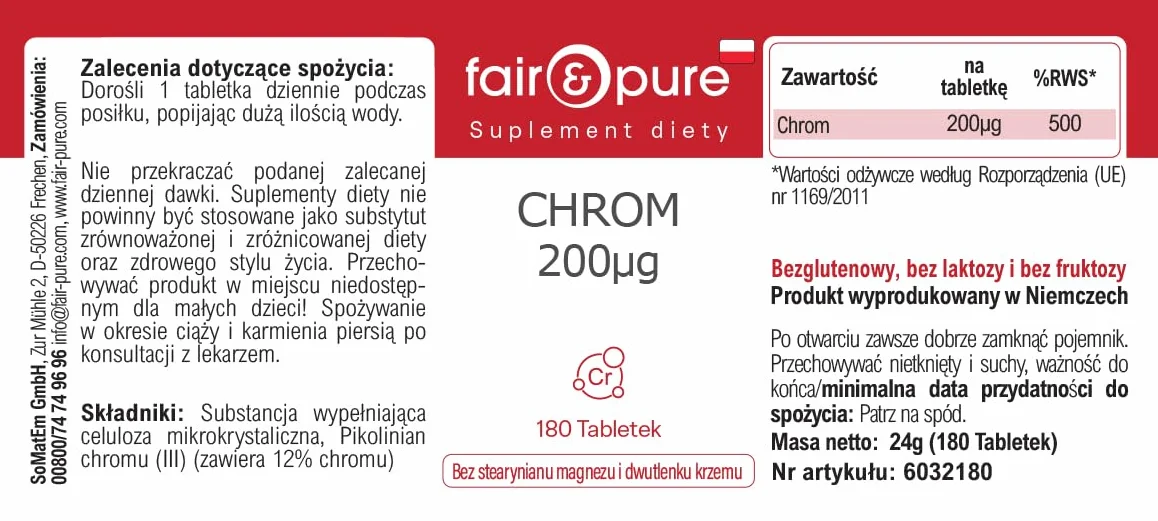 Tabletki chromu Fair & Pure 200 μg, 180 tabletek, wegański suplement diety bez dodatków, wyprodukowano w Niemczech