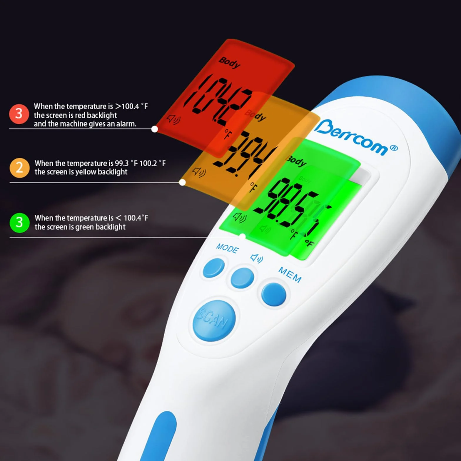 Berrcom Termometr kliniczny bezdotykowy termometr na podczerwień dla niemowląt Termometr cyfrowy na czoło z natychmiastowym odczytem, alarmem gorączki, wyświetlaczem LCD, przełącznikiem °C/°F