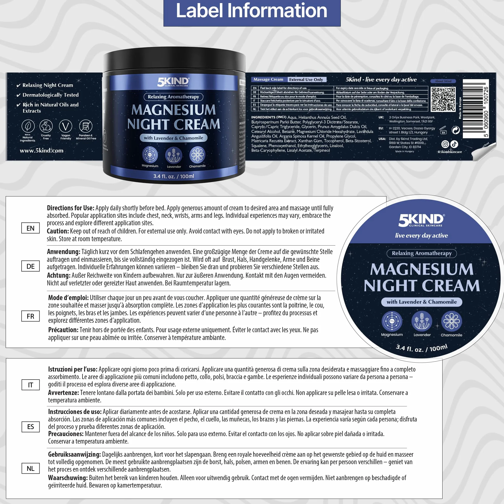 5Kind Magnesium Sleep Cream 100 ml – Relaksujący Magnezowy Balsam z Lawendą i Rumiankiem