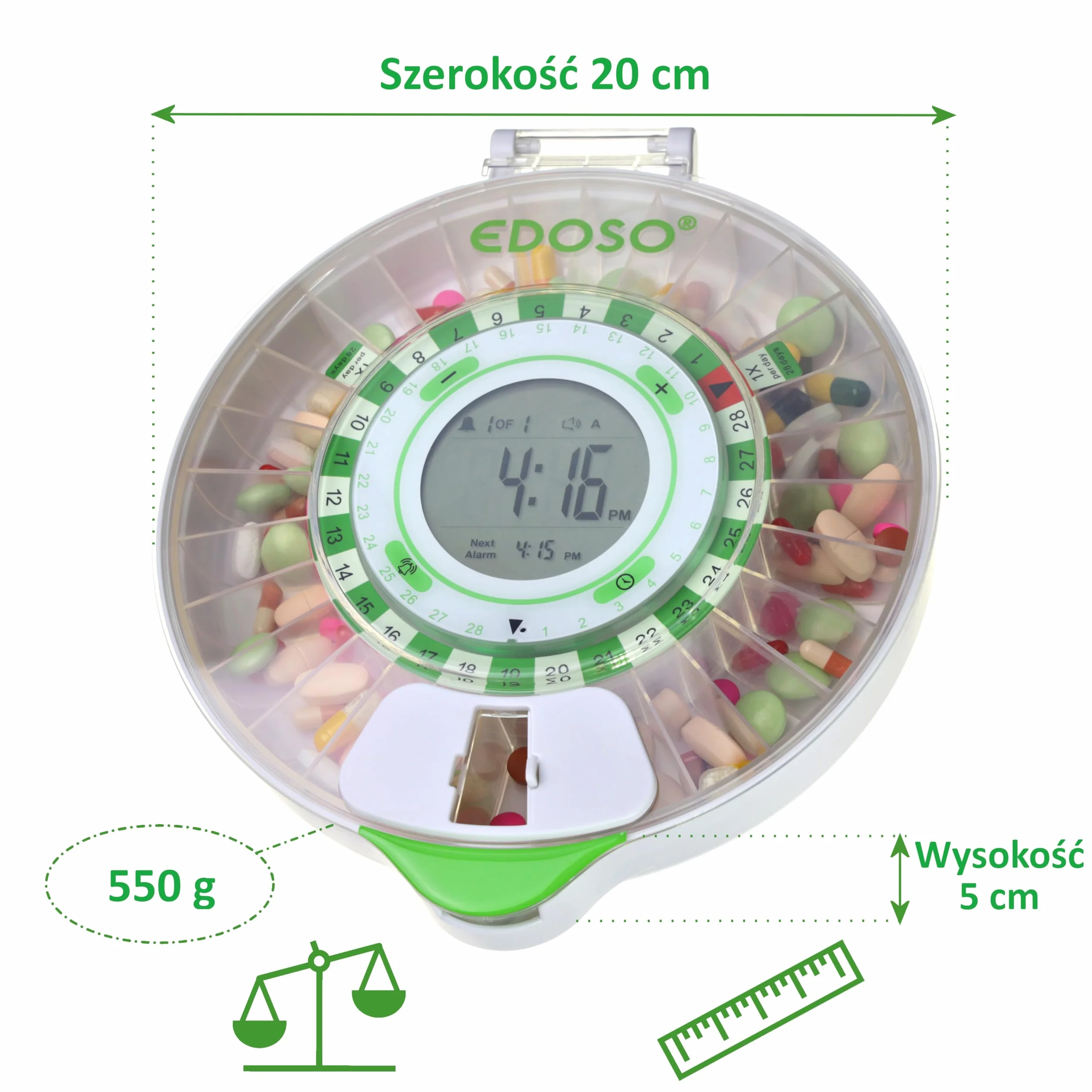 Automatyczny dozownik leków z alarmem | Model 2021 | 9 alarmów dziennie | Duży wyświetlacz i przyciski | Szablony do dozowania | 2 bezpieczne zamki | Duży pojemnik na lekarstwa