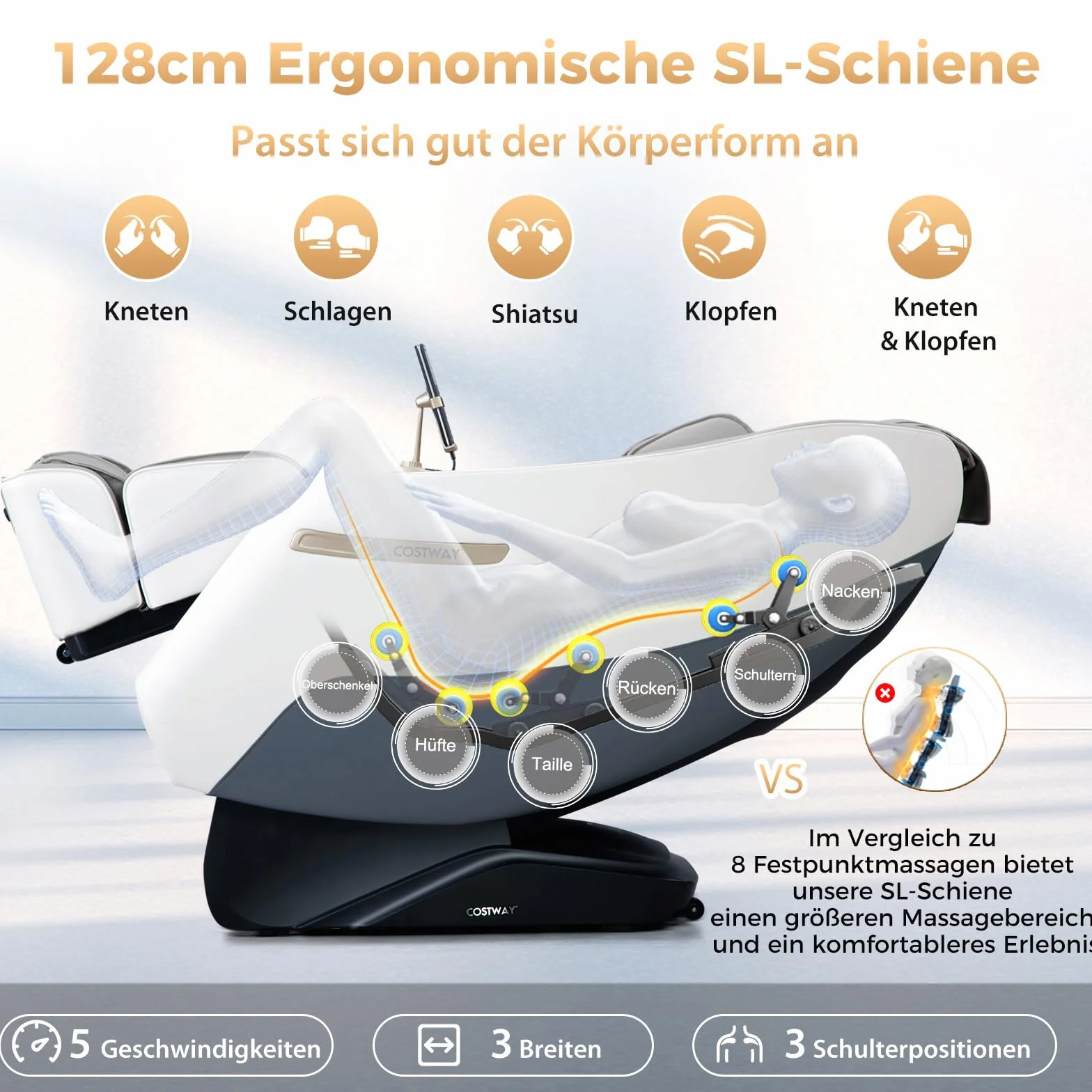 COSTWAY Fotel masujący, Zero Gravity SL Track Shiatsu fotel do masażu, ogrzewanie i masaż pneumatyczny, fotel do masażu całego ciała, z 12 trybami automatycznymi i pilotem zdalnego sterowania