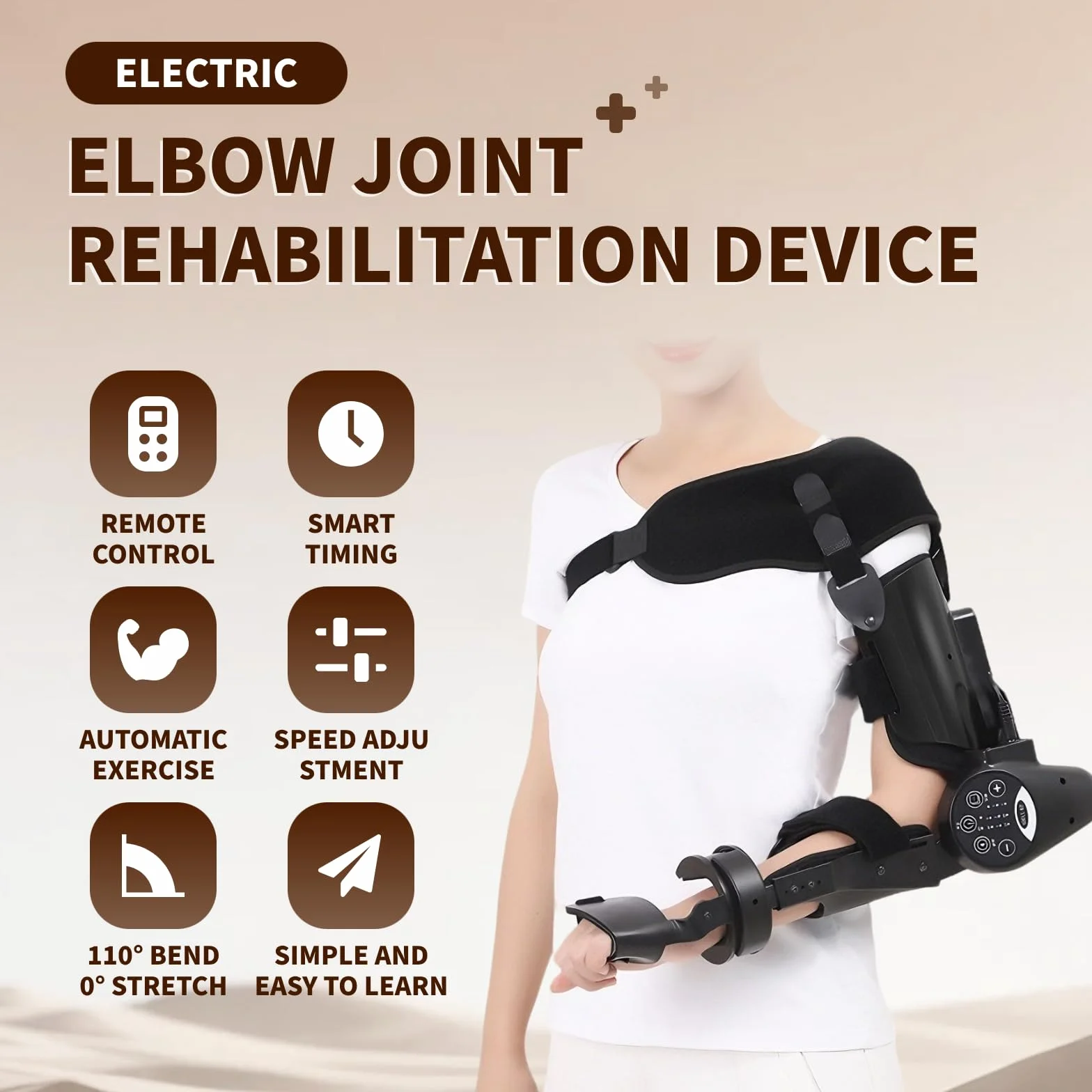 Orteza Zakresu Ruchu (ROM) Łokcia, Elektryczne Urządzenie do Rehabilitacji Łokcia, Tryb Podwójny Ręczny/Automatyczny, ze Stabilizatorem Temblaka, Rozciąganie 0°-110° right