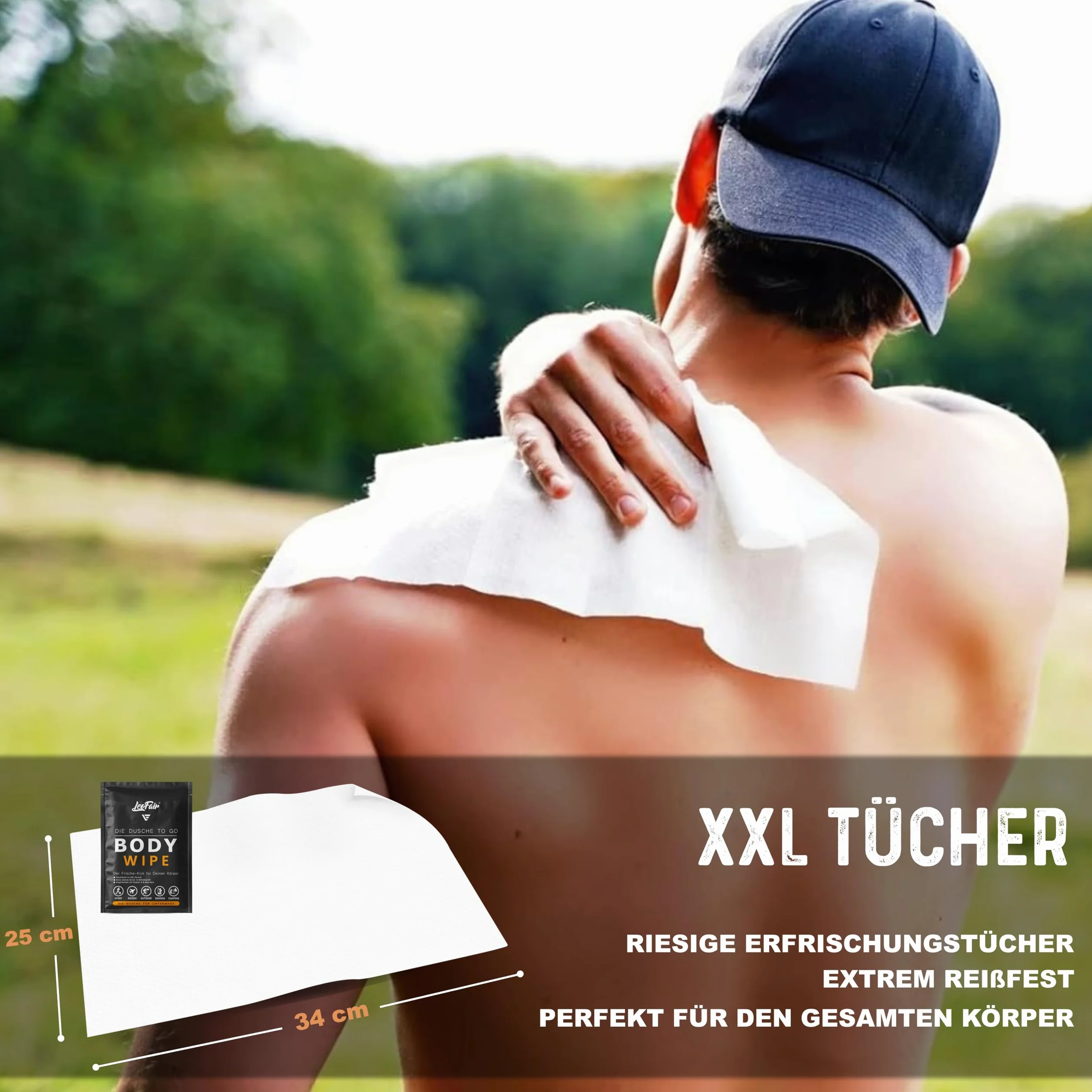 Body Wipes jednorazowe ściereczki XXL – wilgotne ściereczki do mycia w podróży, na kemping, festiwal i w podróży – 10 dużych chusteczek nawilżanych pakowanych pojedynczo do twarzy i ciała