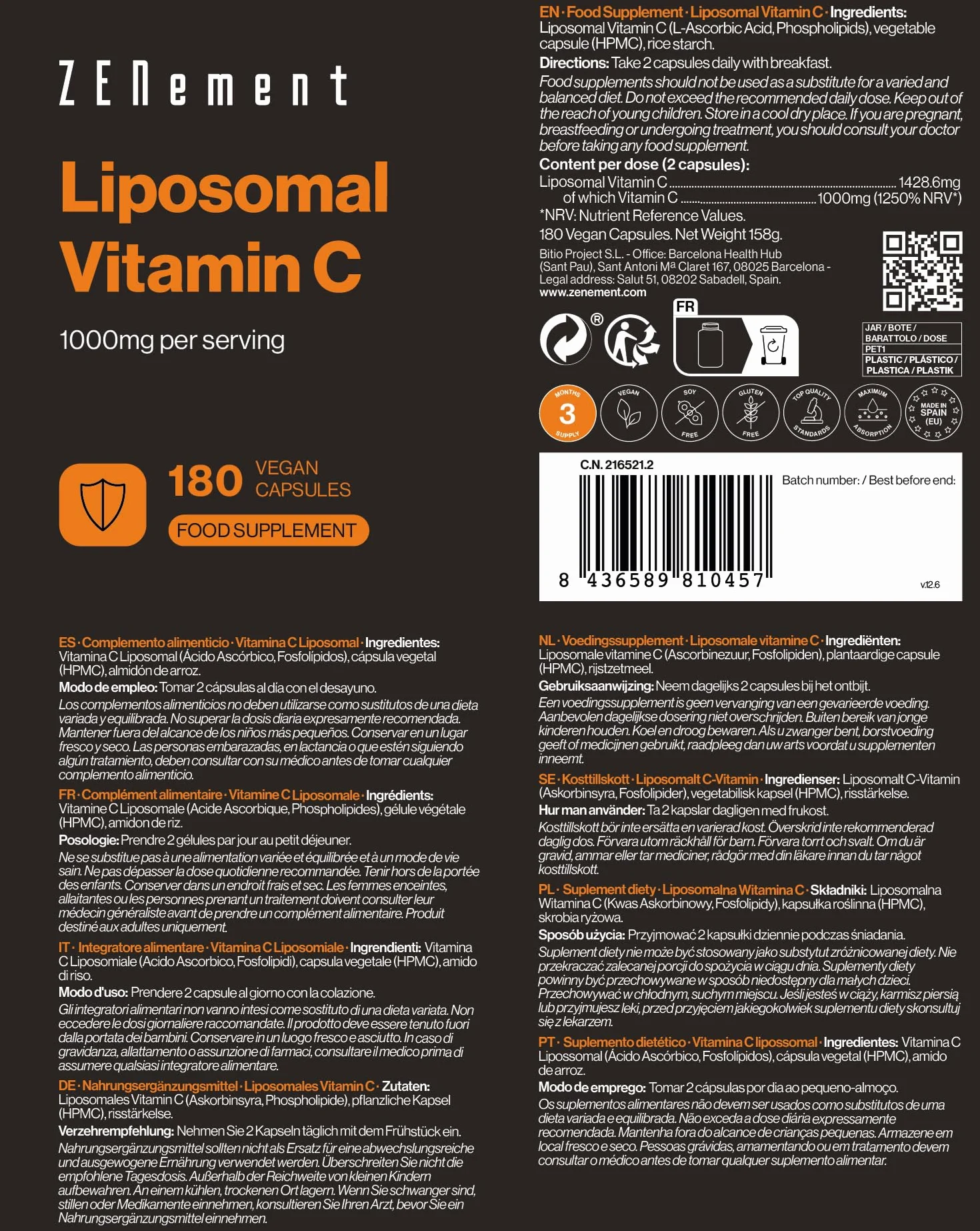 Liposomalna Witamina C 1000mg 180 kapsułek wegańskie Zenement
