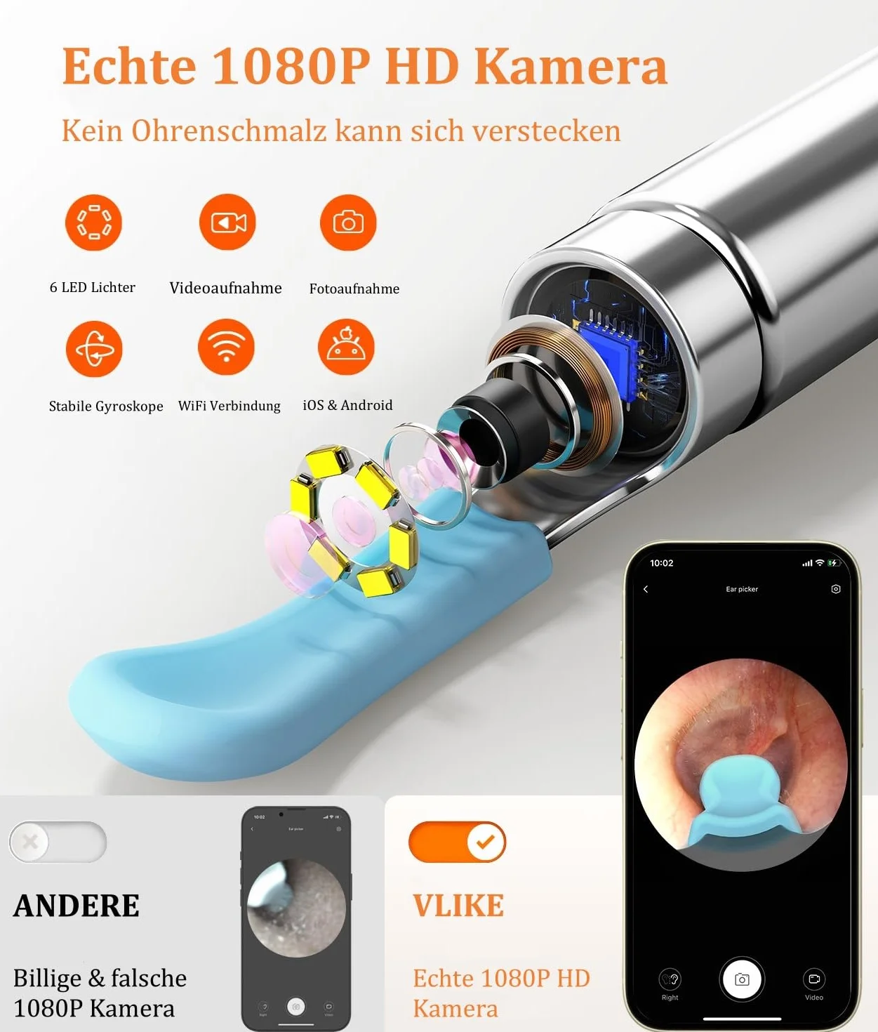 Otoskop: Otoscope do usuwania woskowiny z 1080P HD Camara, wodoodporne ucho otoskopu IP67, kamera otoskopowa 360 ° z diodami LED 6 dla dorosłych, dzieci i zwierząt, Kompatybilny z iPad, iOS, Android