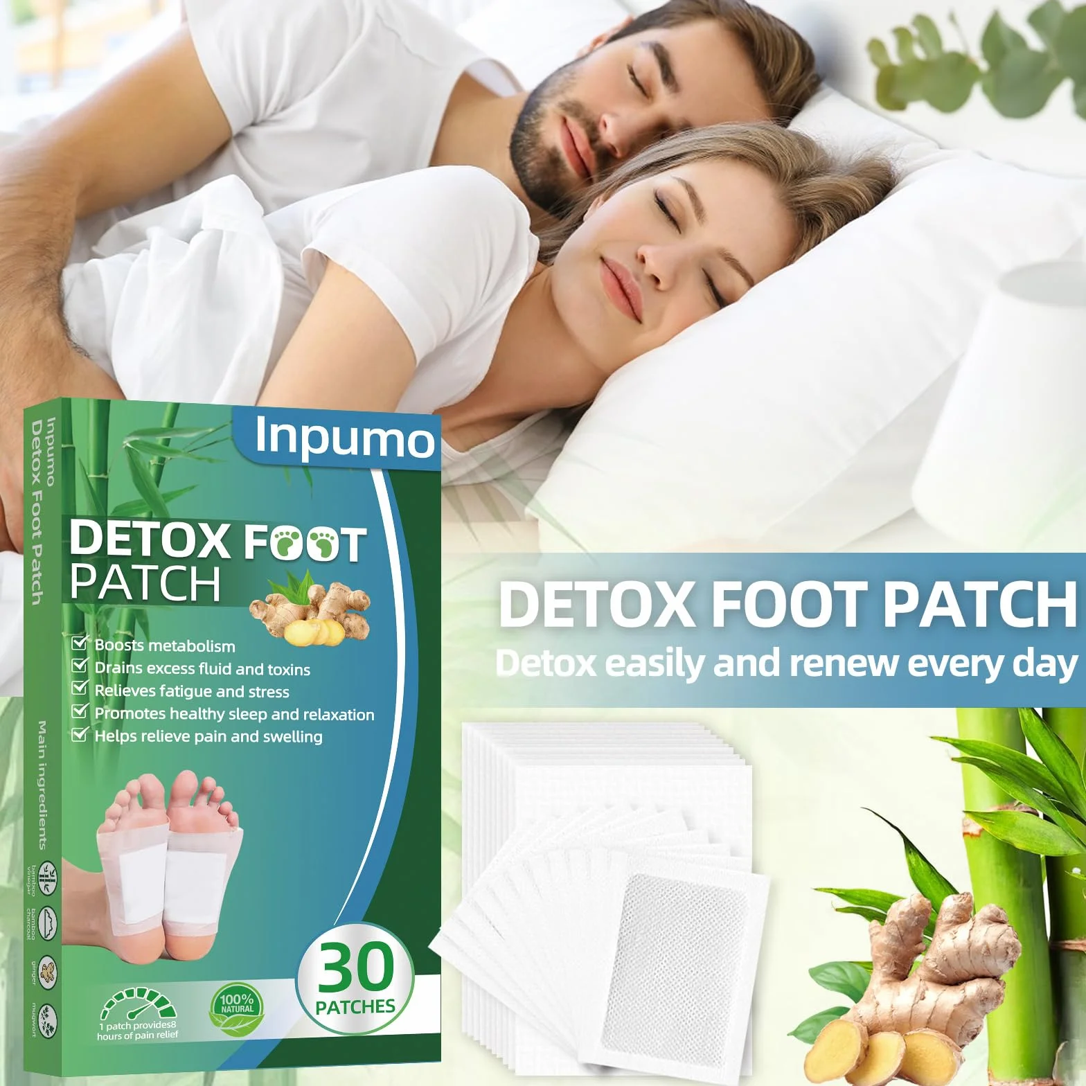 Inpumo Detox plastry do stóp, naturalne plastry detoksykujące, 30 sztuk