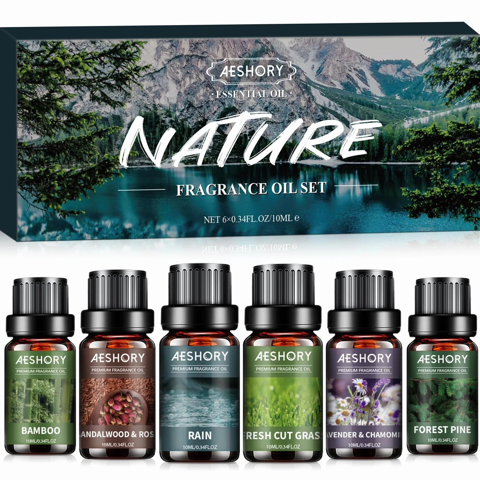 AESHORY 6 x 10ML Zestaw Naturalnych Olejków Eterycznych Do Dyfuzora, Relaksu, Wyrobu Świec - Bambus, Deszcz, Sosna Leśna, Drzewo Sandałowe I Róża, Lawenda I Rumianek, Świeżo Ścięta Trawa